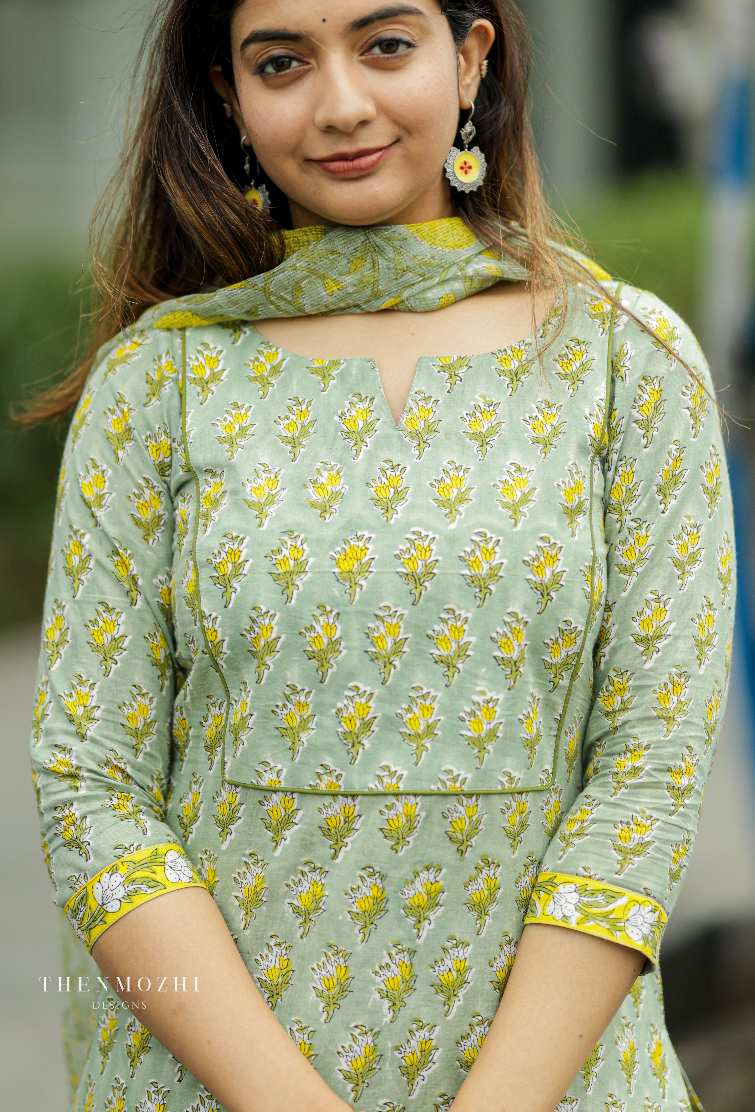 Pastel Pistachio Green Floral Block Printed suit set