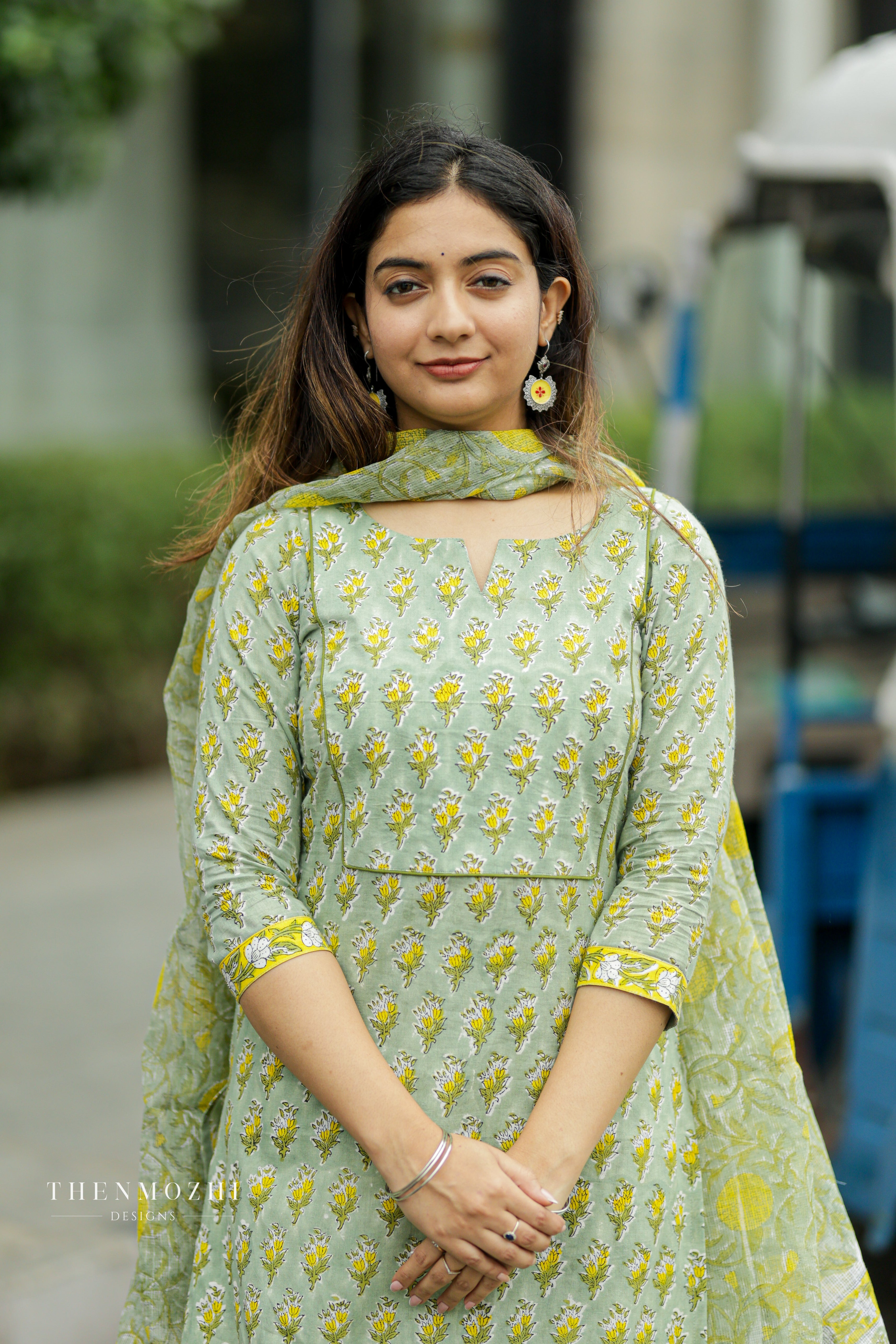 Pastel Pistachio Green Floral Block Printed suit set