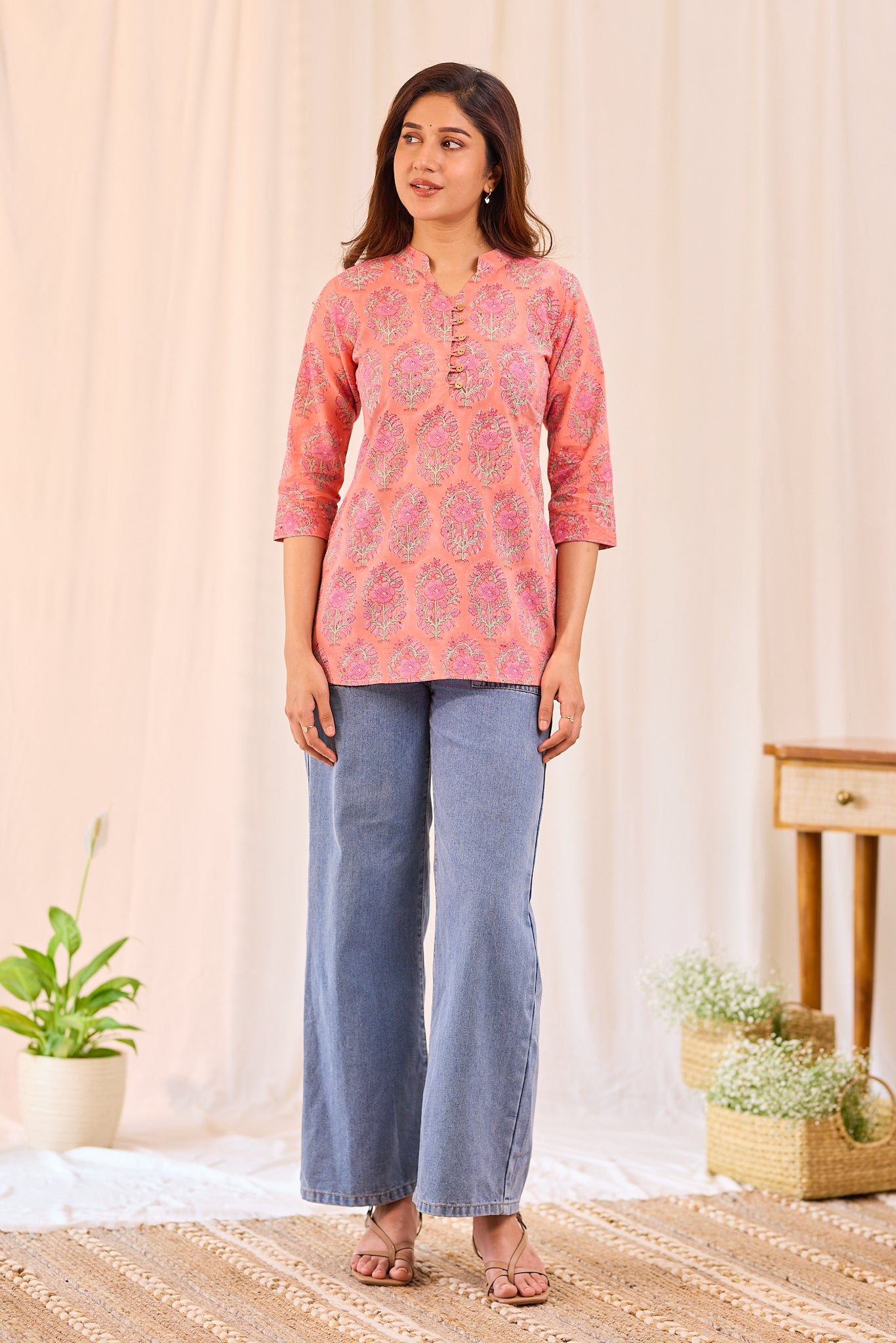 Peachy Pink Petal Printed Cotton Short Kurti