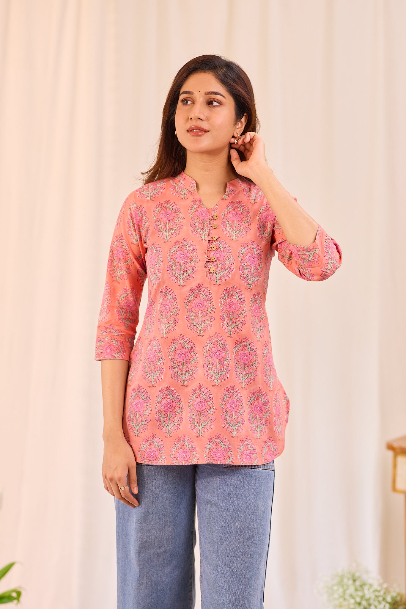 Peachy Pink Petal Printed Cotton Short Kurti