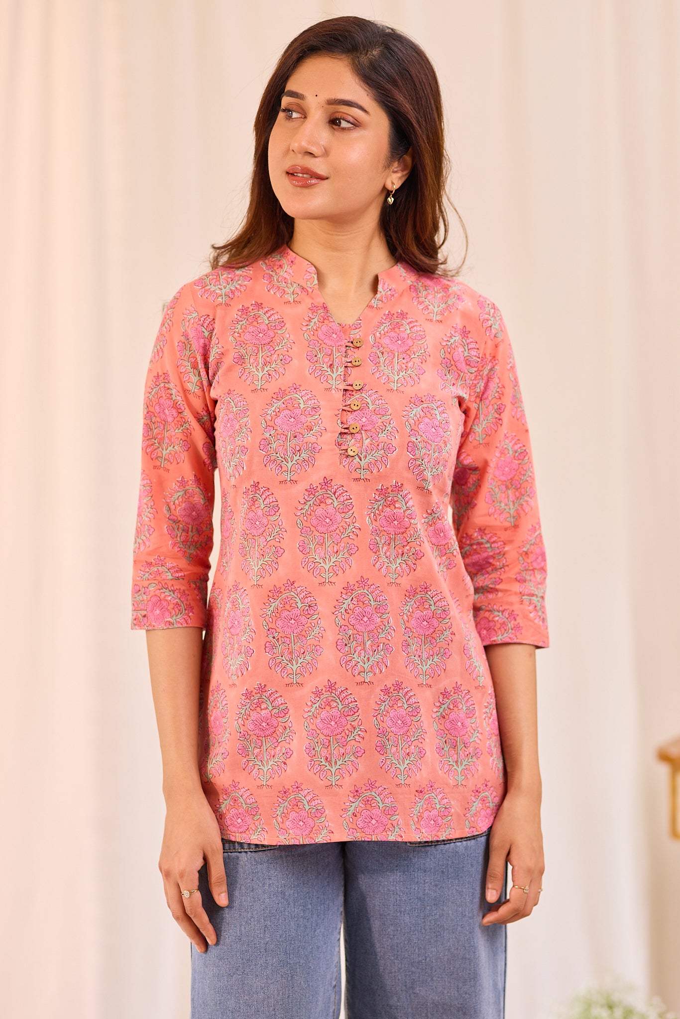 Peachy Pink Petal Printed Cotton Short Kurti