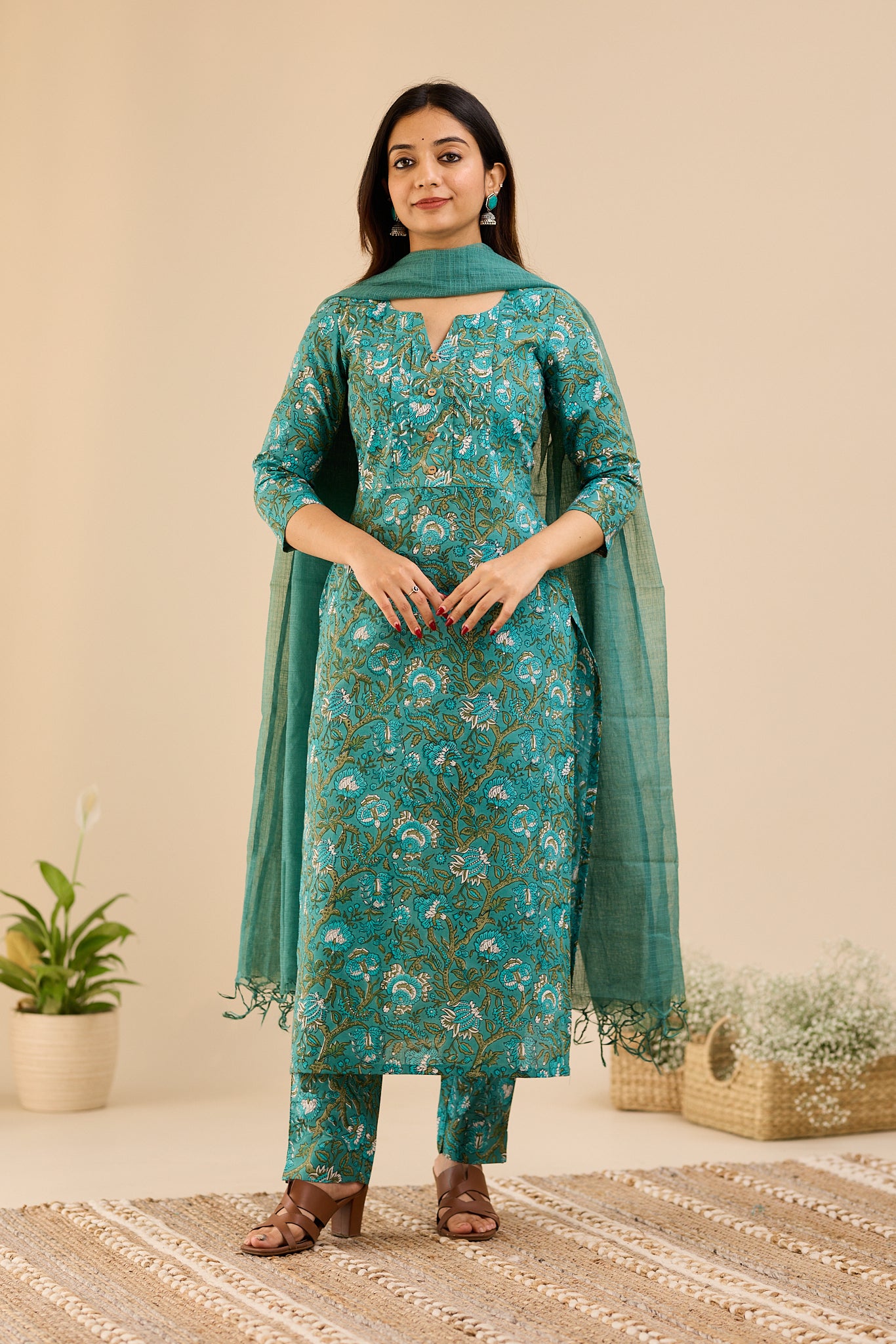 Peacock Teal Floral Cotton Suit -Set with Kota Dupatta