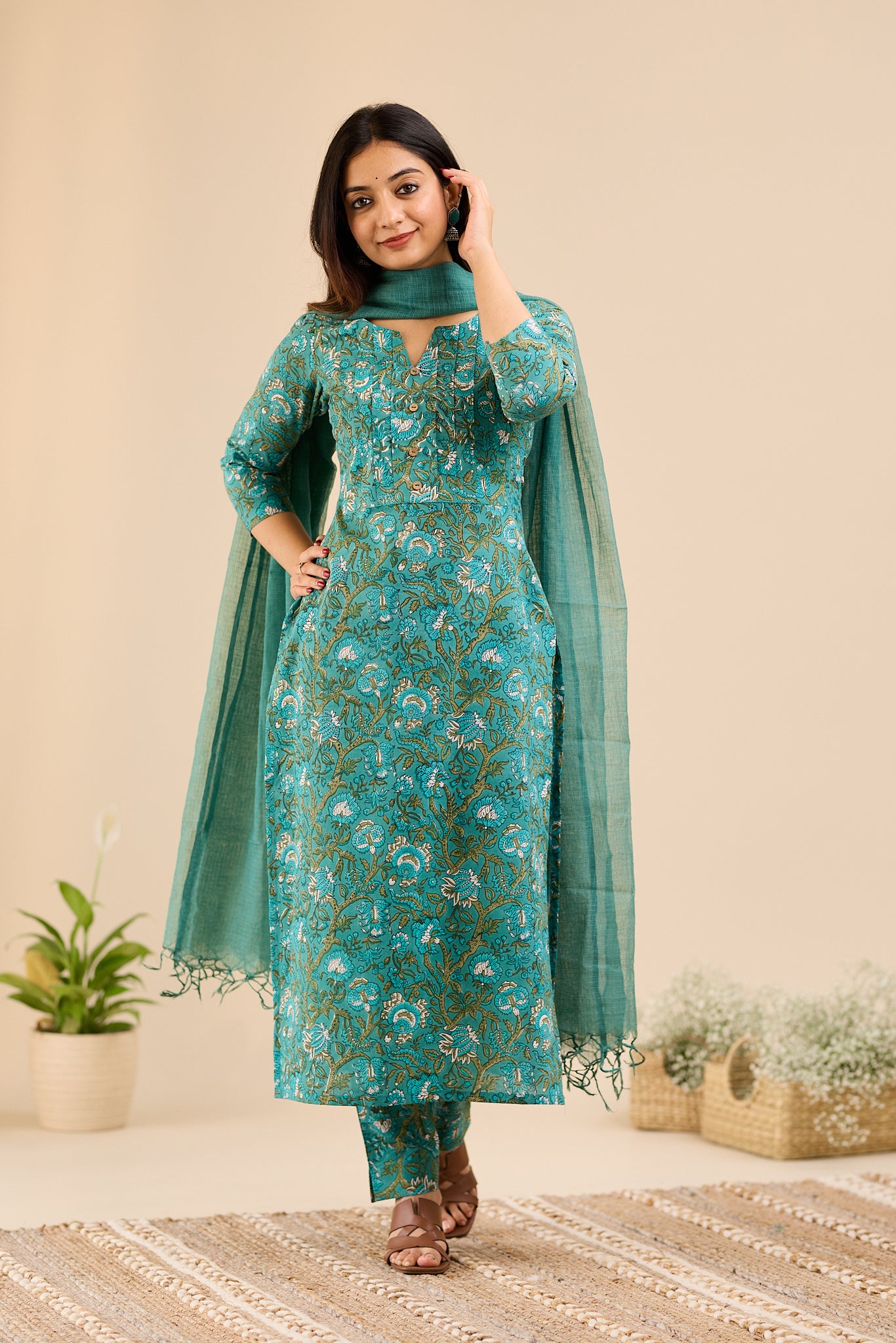 Peacock Teal Floral Cotton Suit -Set with Kota Dupatta