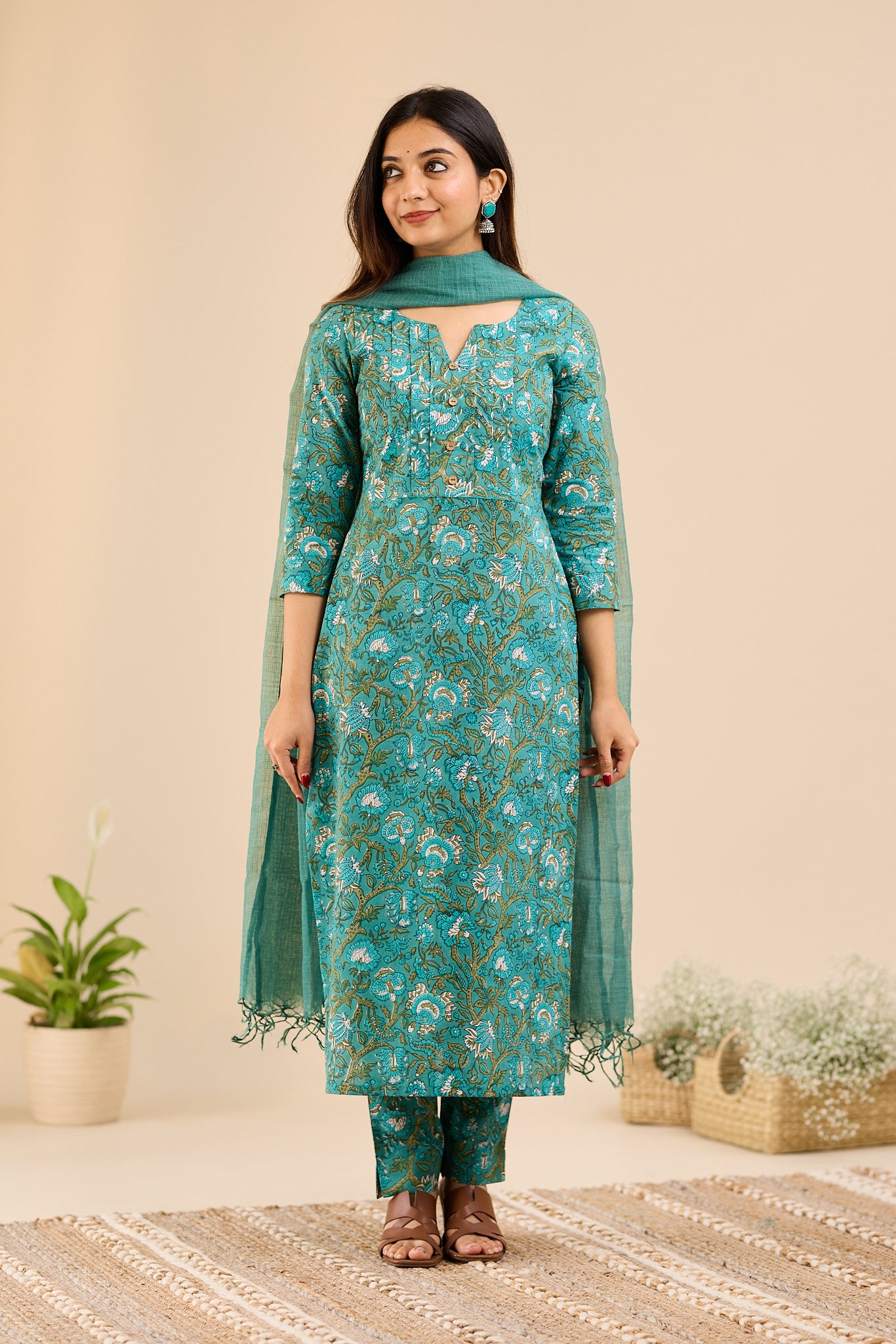 Peacock Teal Floral Cotton Suit -Set with Kota Dupatta