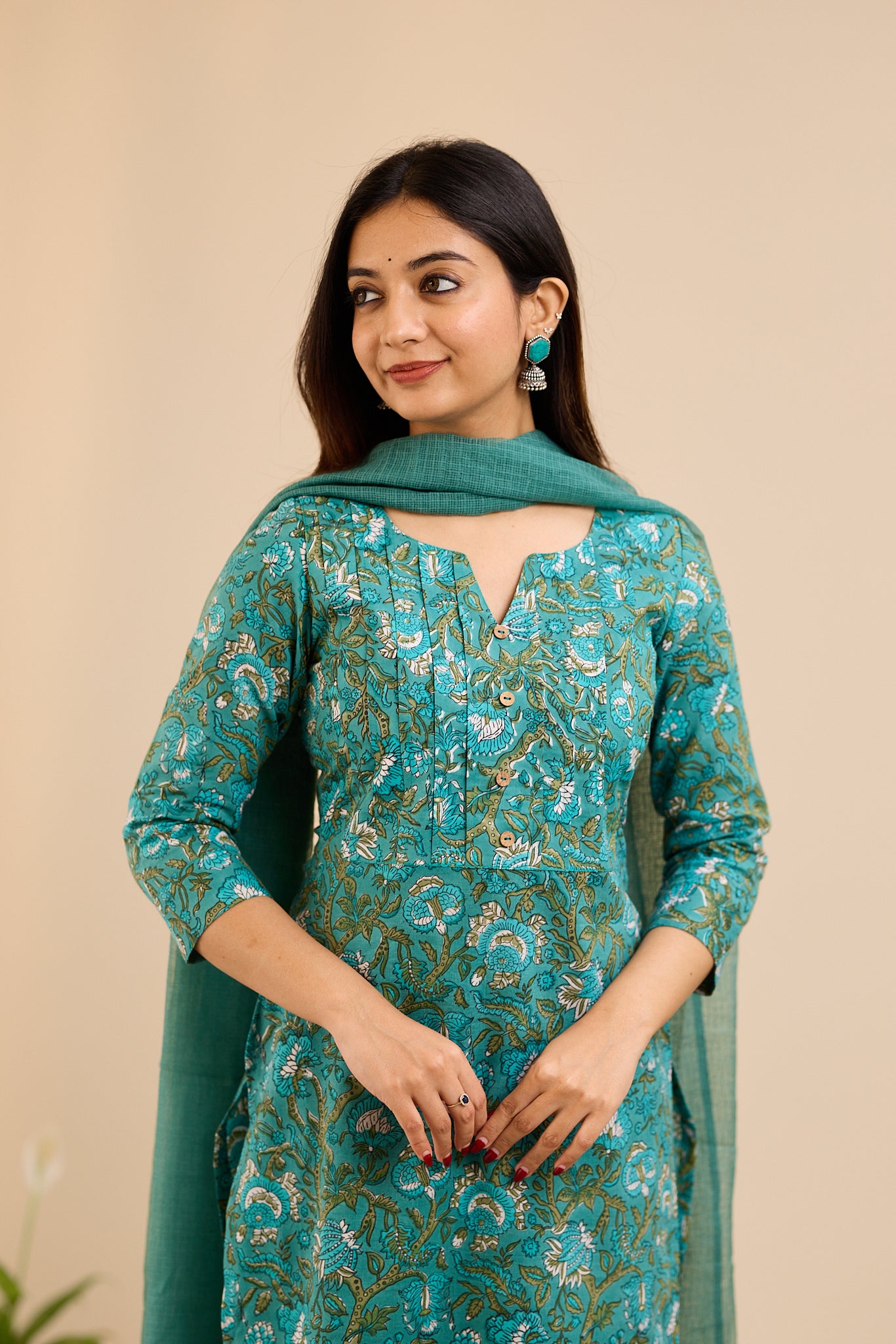 Peacock Teal Floral Cotton Suit -Set with Kota Dupatta