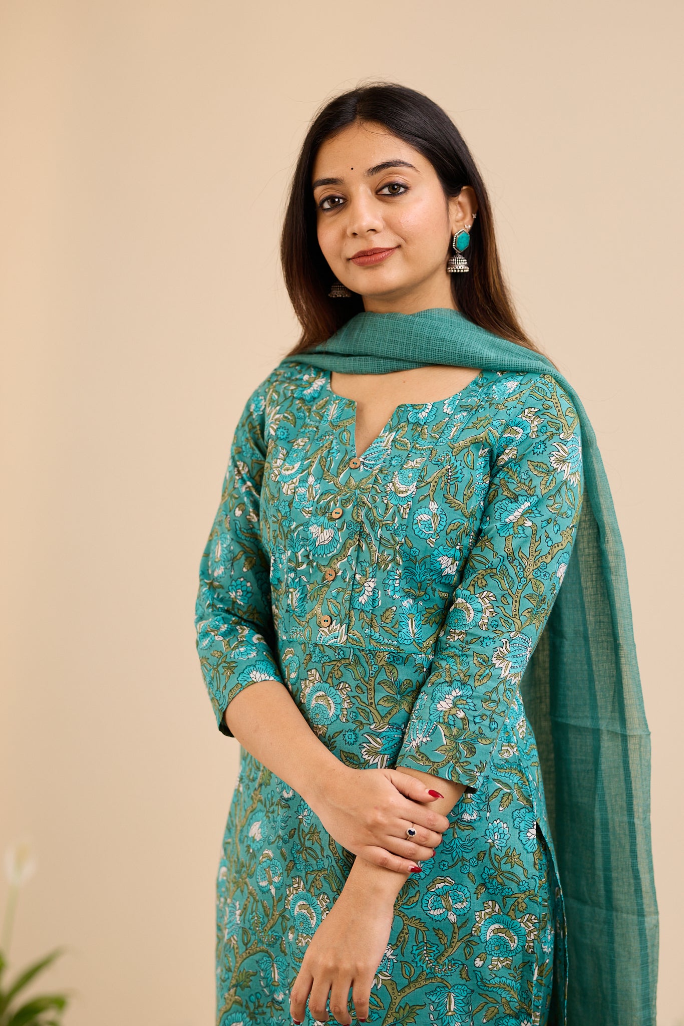 Peacock Teal Floral Cotton Suit -Set with Kota Dupatta