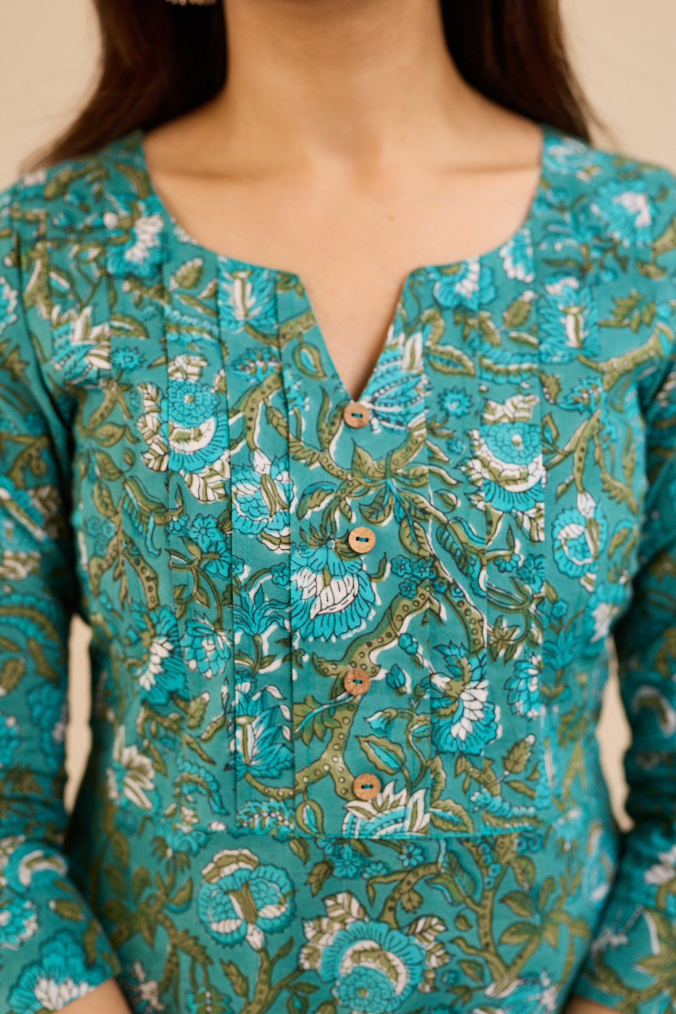 Peacock Teal Floral Cotton Suit -Set with Kota Dupatta