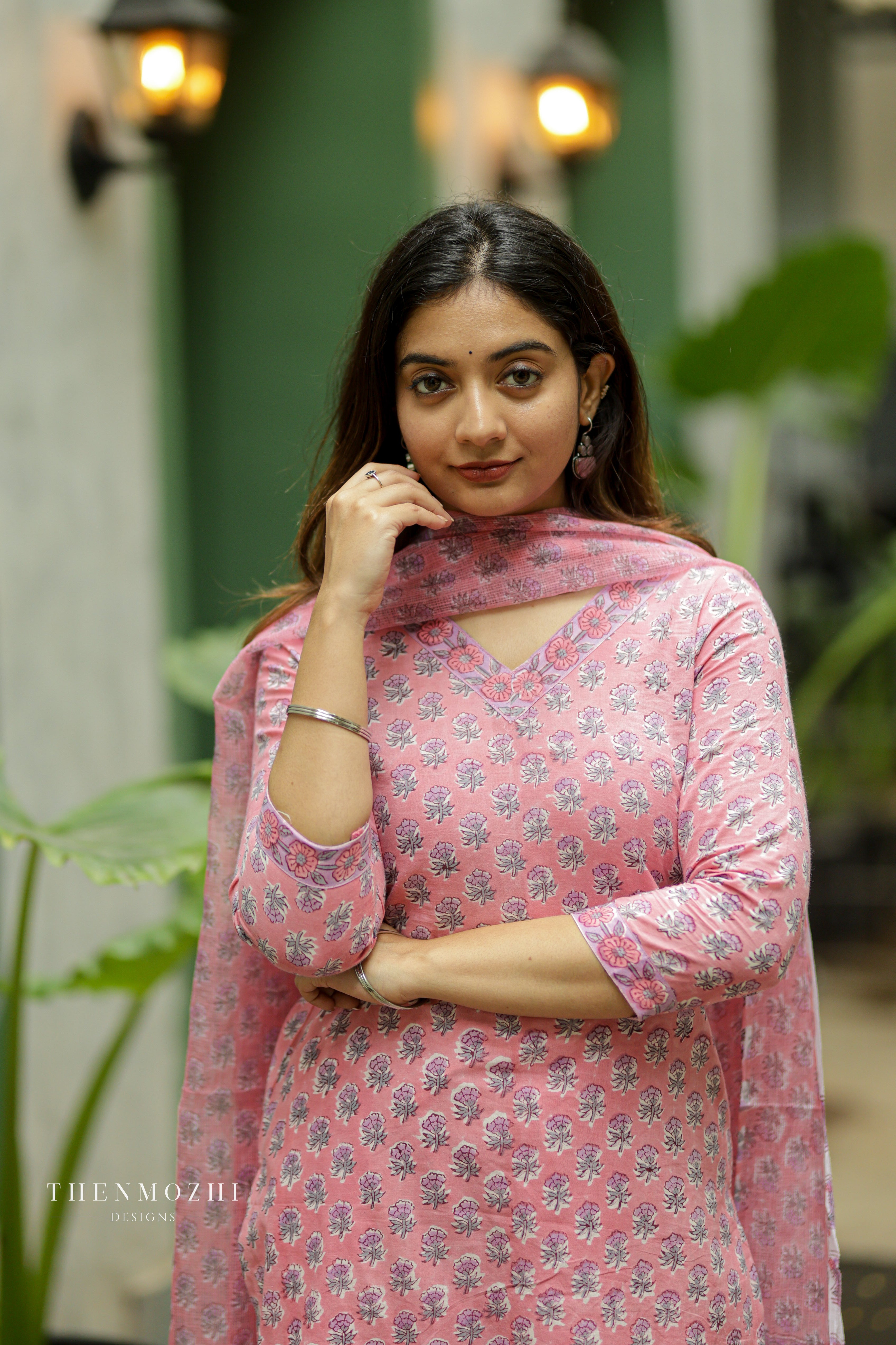 Pink floral block printed suit set