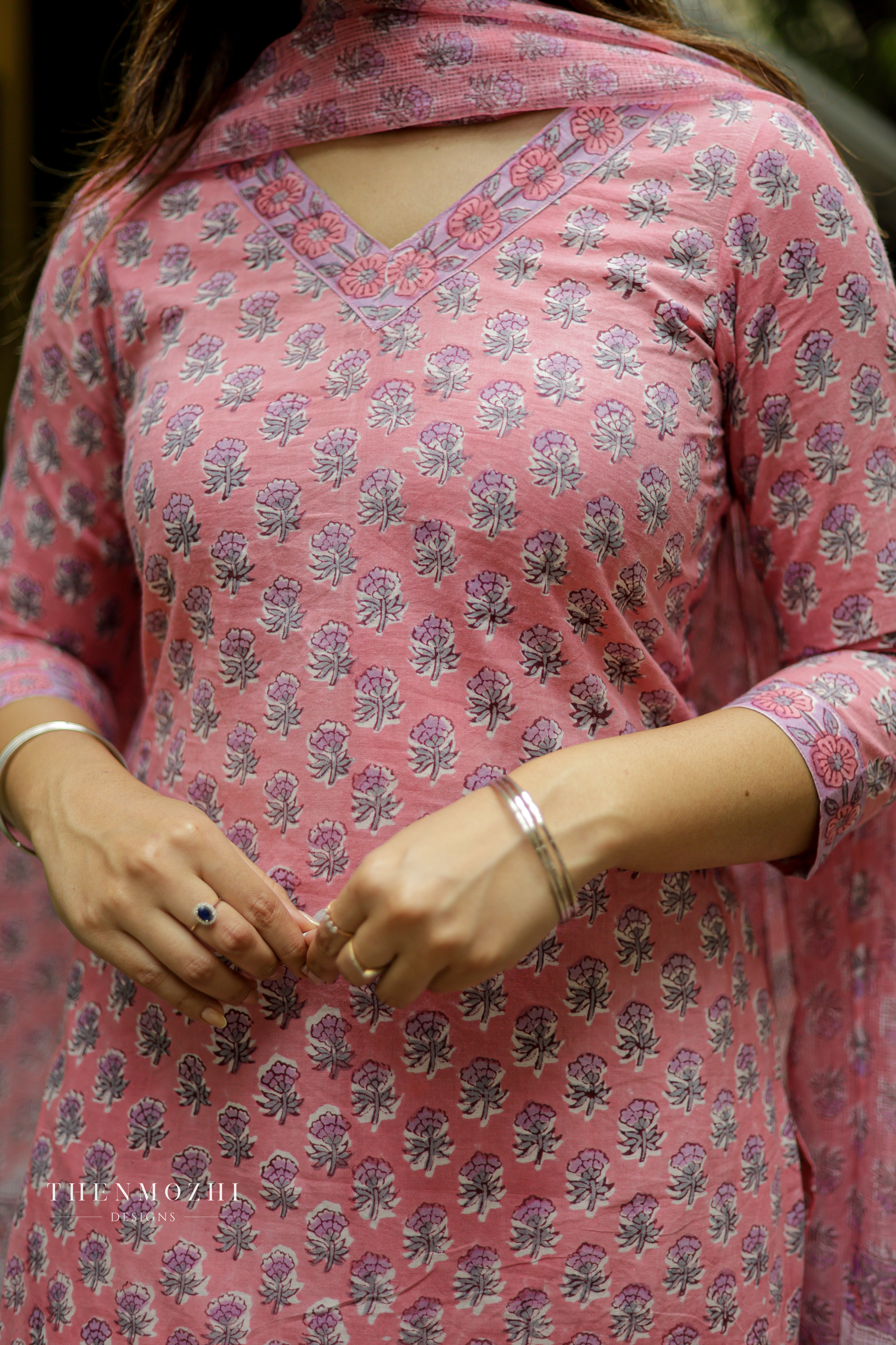 Pink floral block printed suit set