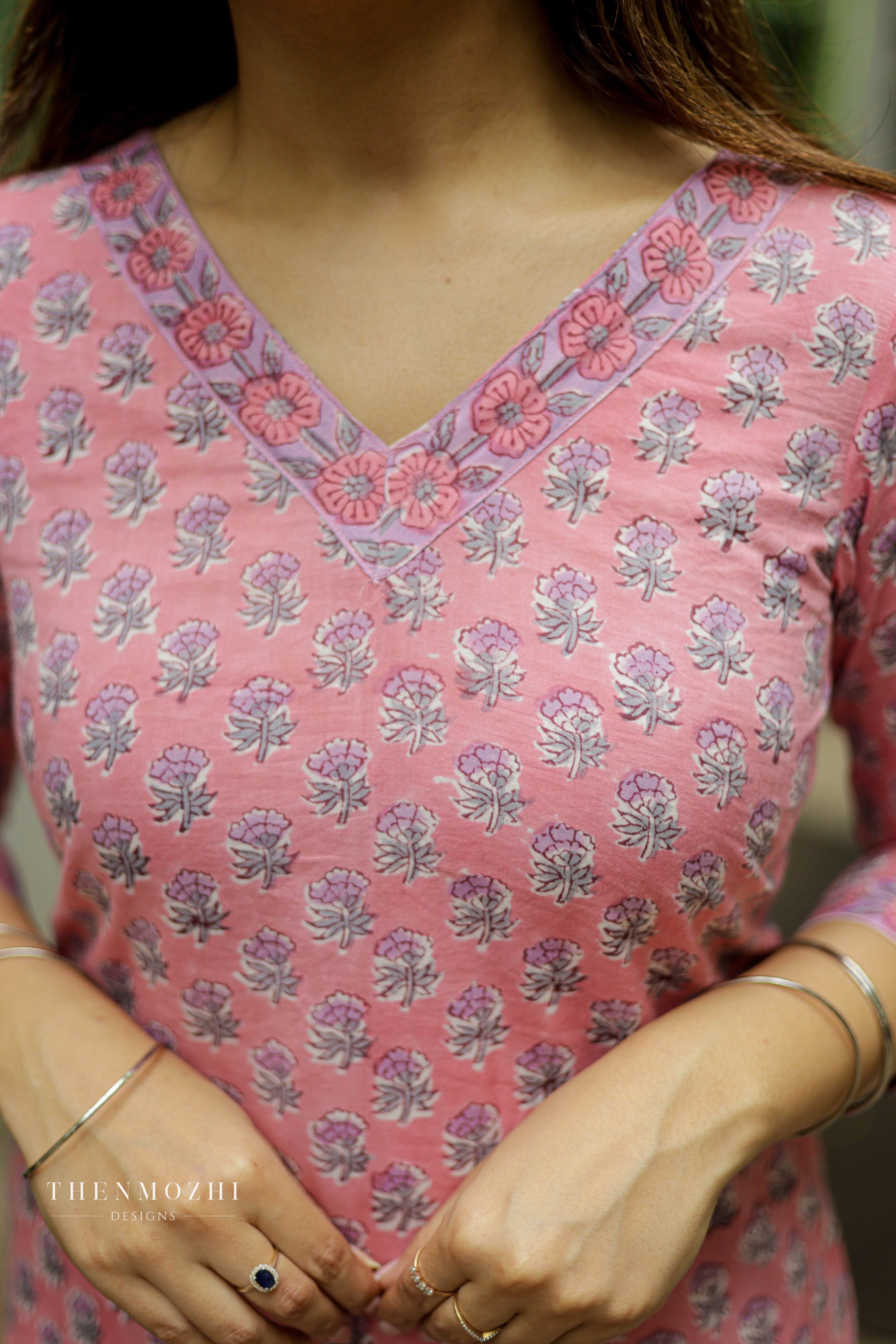Pink floral block printed suit set