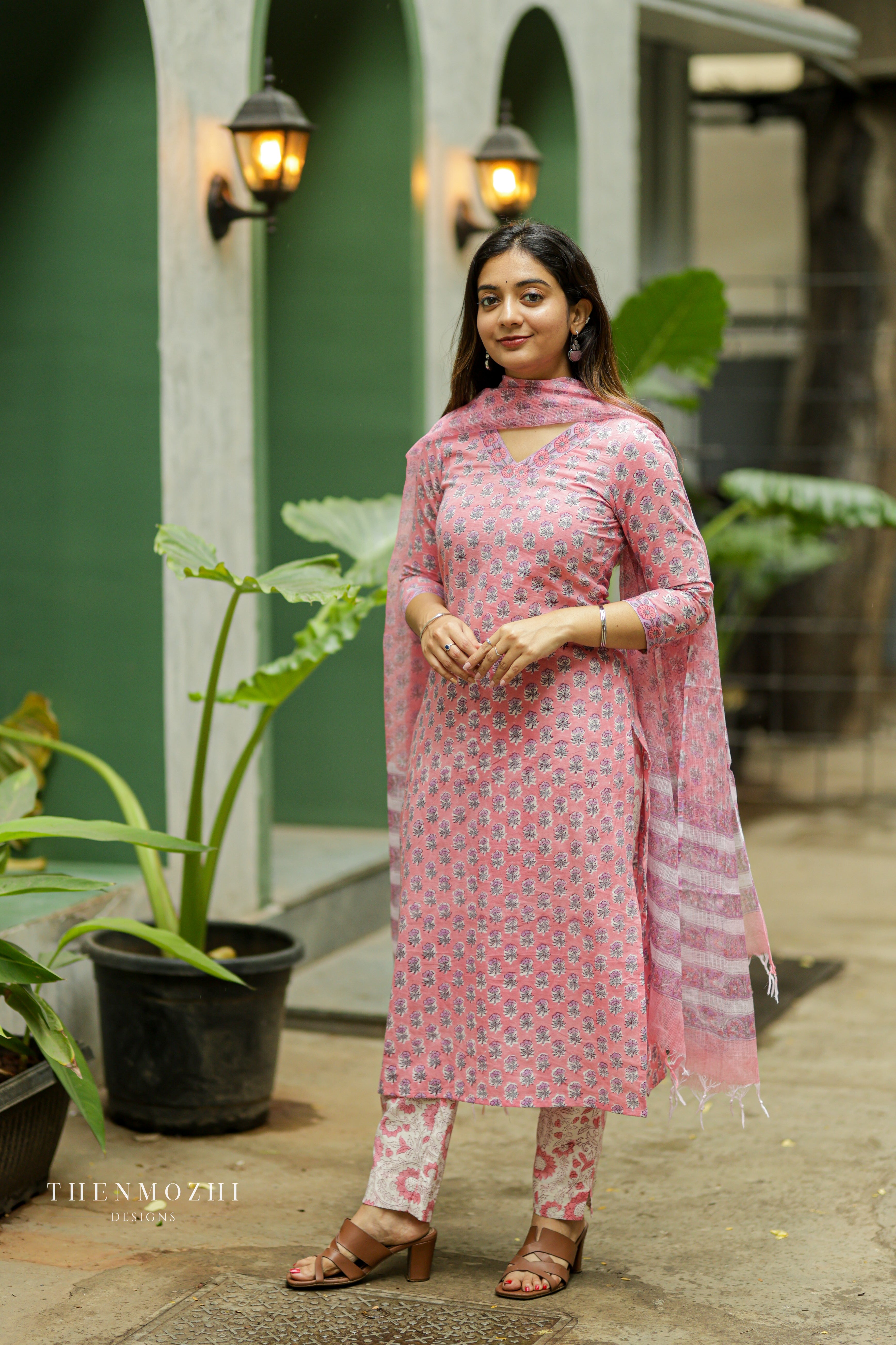Pink floral block printed suit set