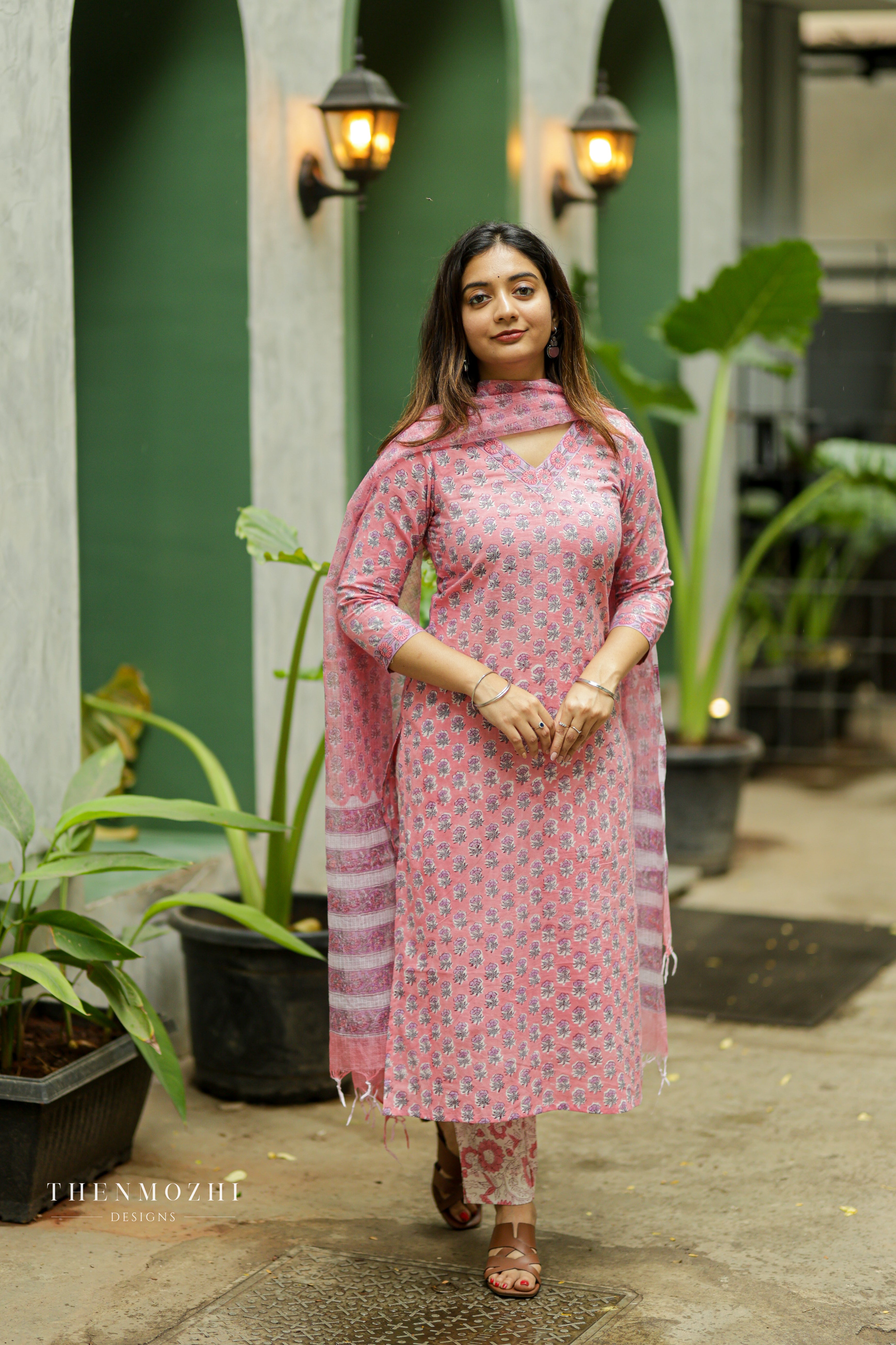 Pink floral block printed suit set