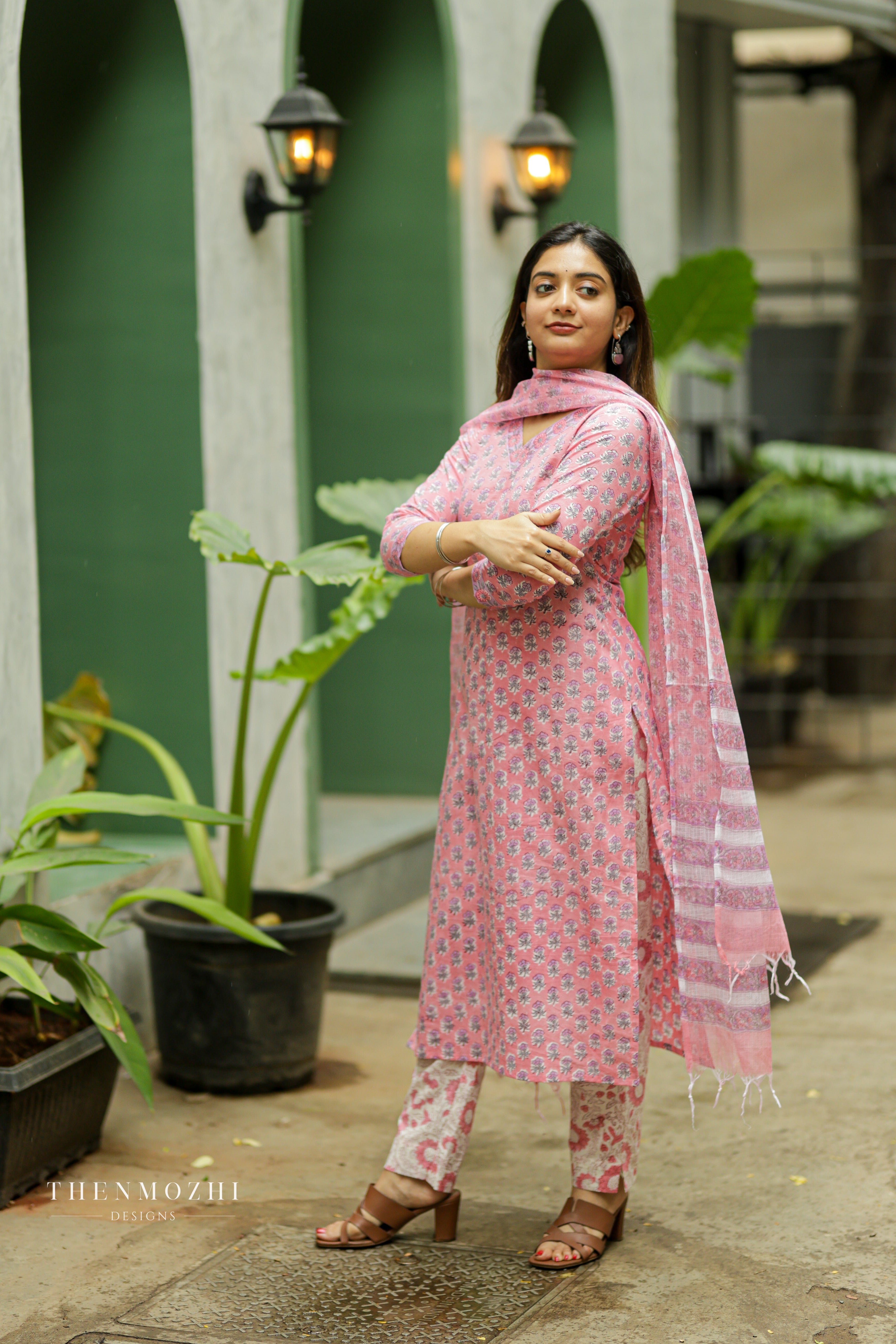 Pink floral block printed suit set