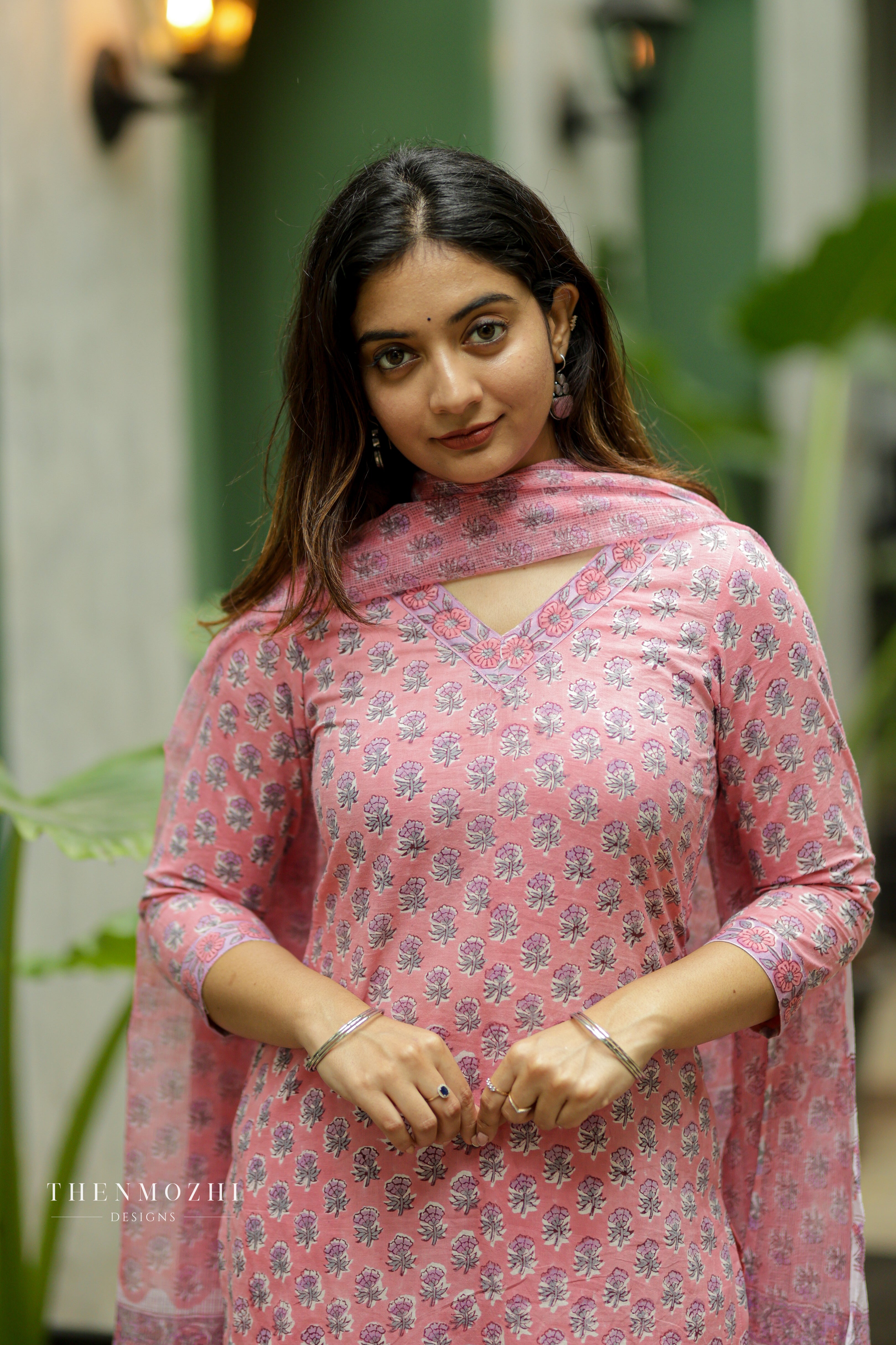 Pink floral block printed suit set