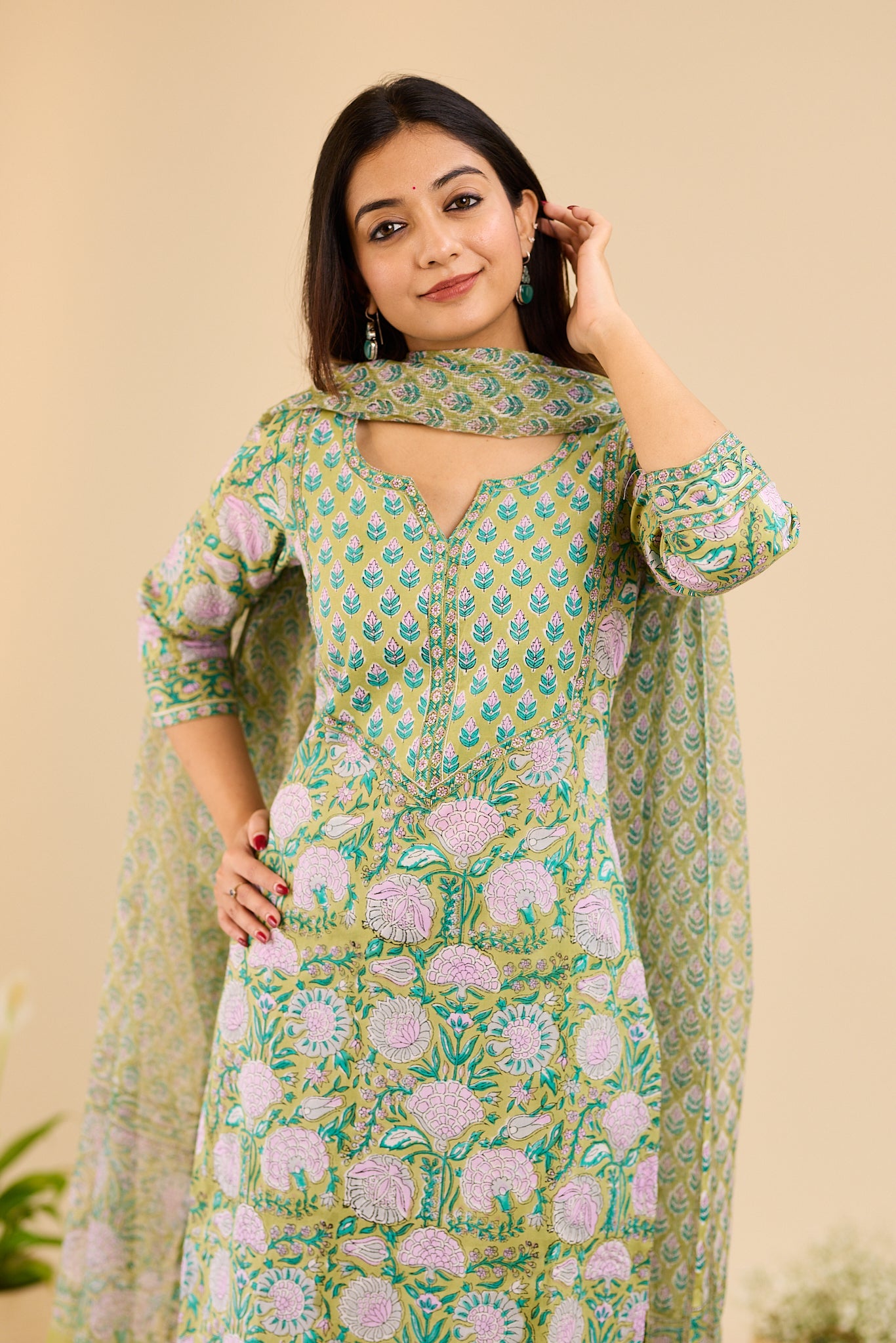 Pistachio Green & Lilac Floral Block printed Cotton Suit Set with Kota Dupatta