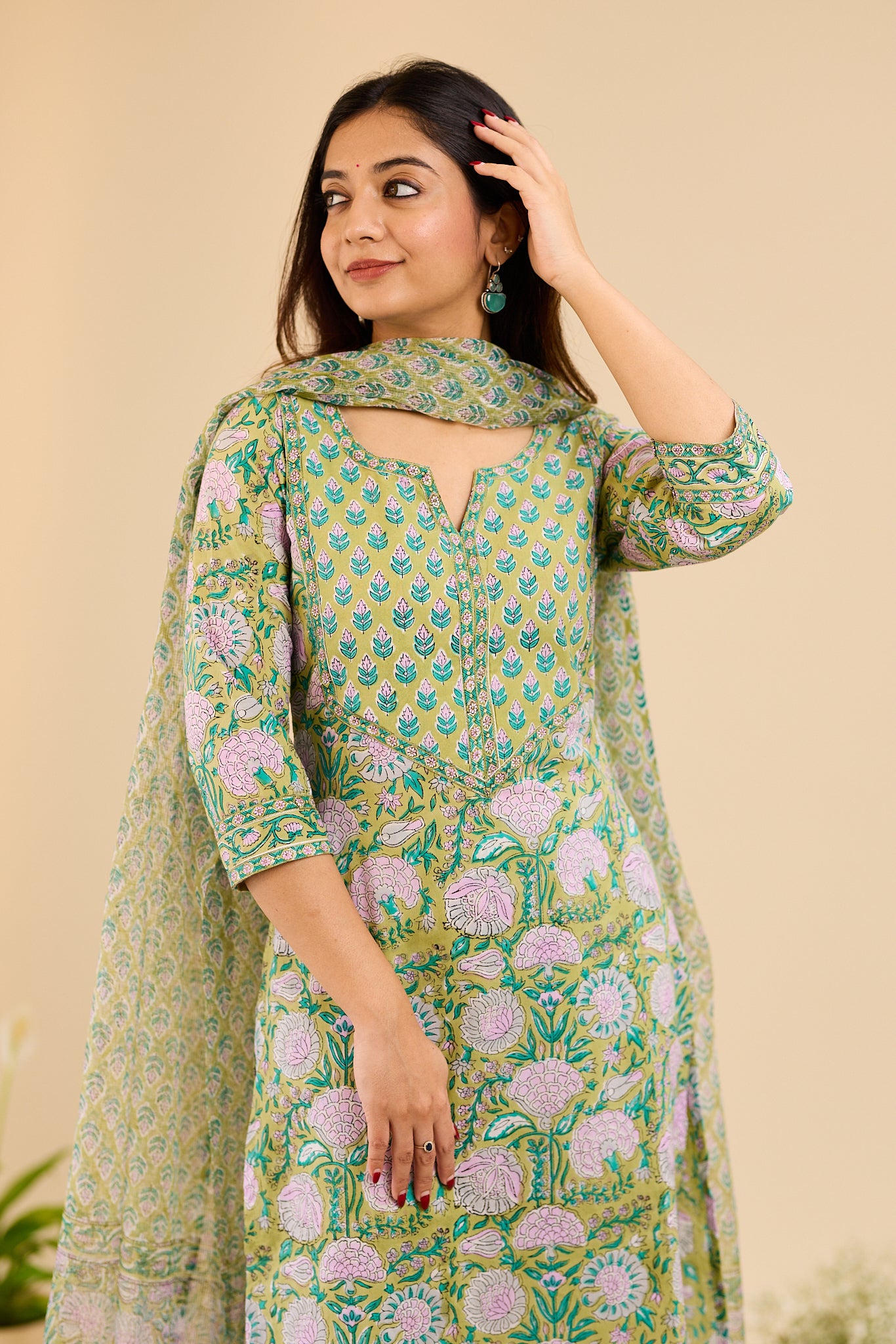 Pistachio Green & Lilac Floral Block printed Cotton Suit Set with Kota Dupatta