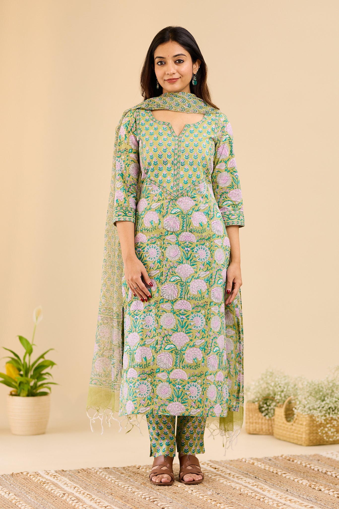 Pistachio Green & Lilac Floral Block printed Cotton Suit Set with Kota Dupatta