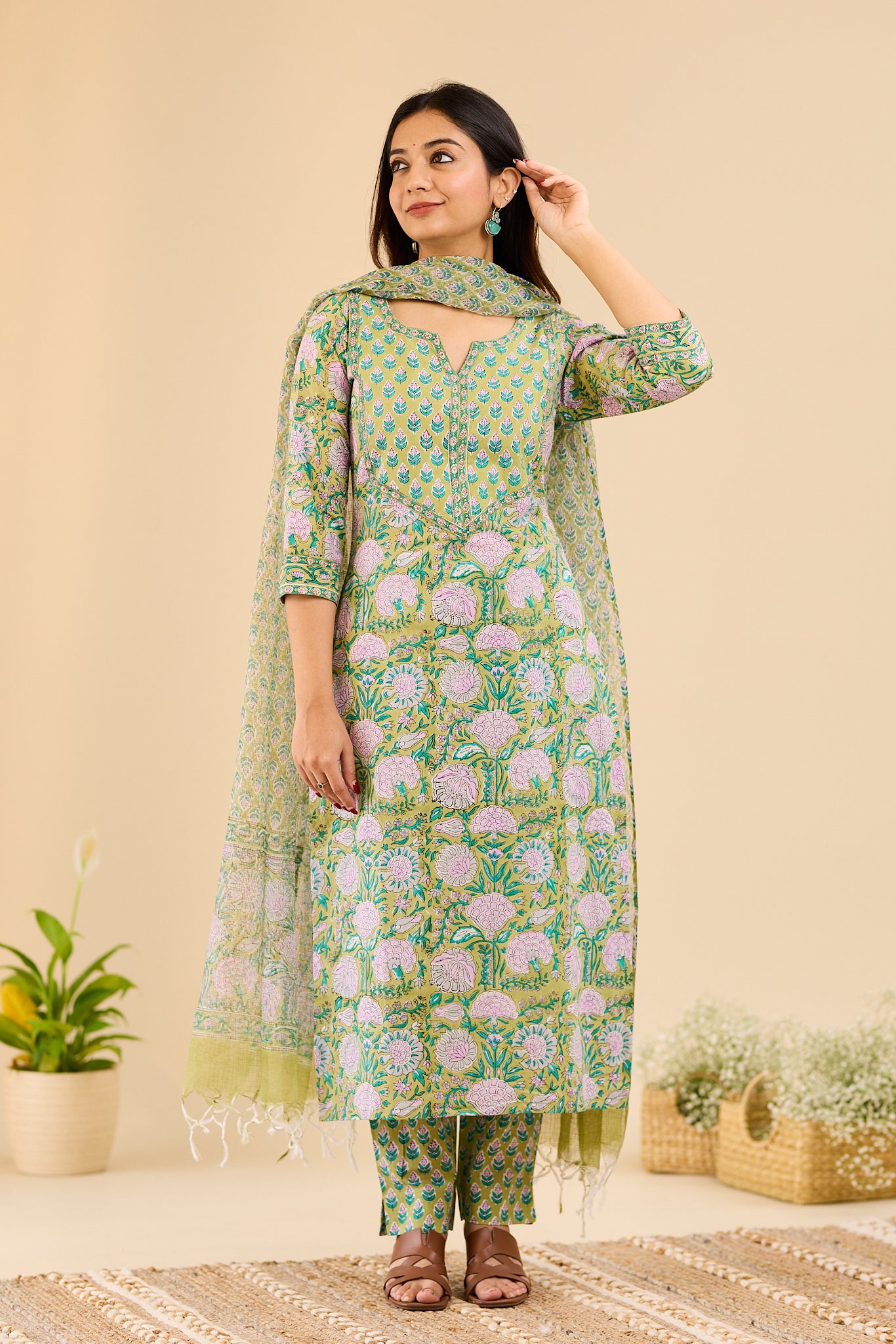 Pistachio Green & Lilac Floral Block printed Cotton Suit Set with Kota Dupatta