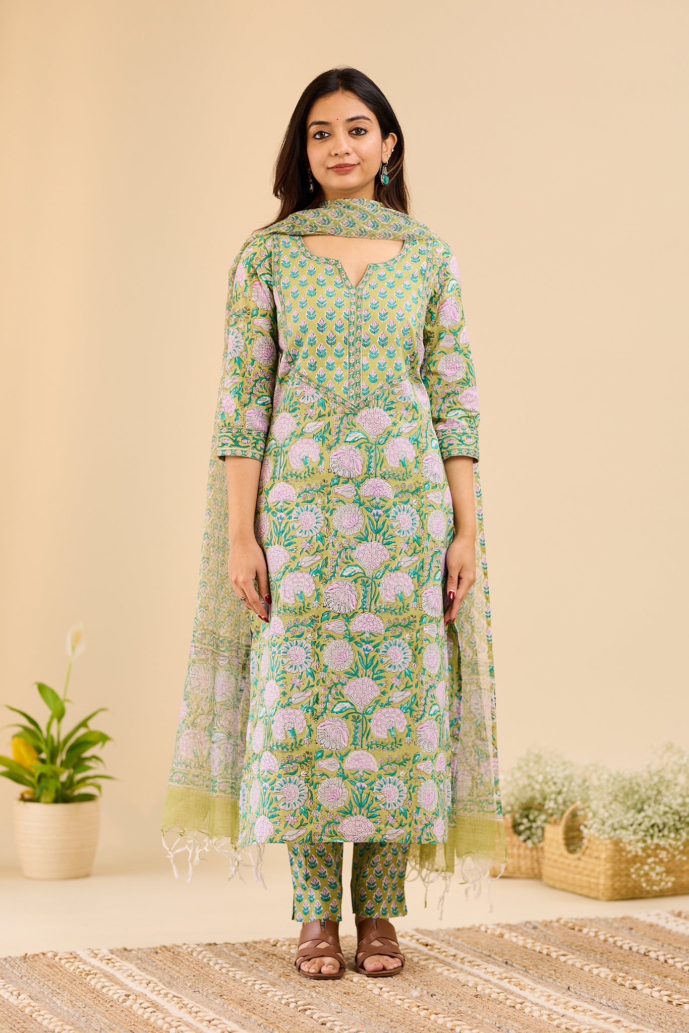 Pistachio Green & Lilac Floral Block printed Cotton Suit Set with Kota Dupatta