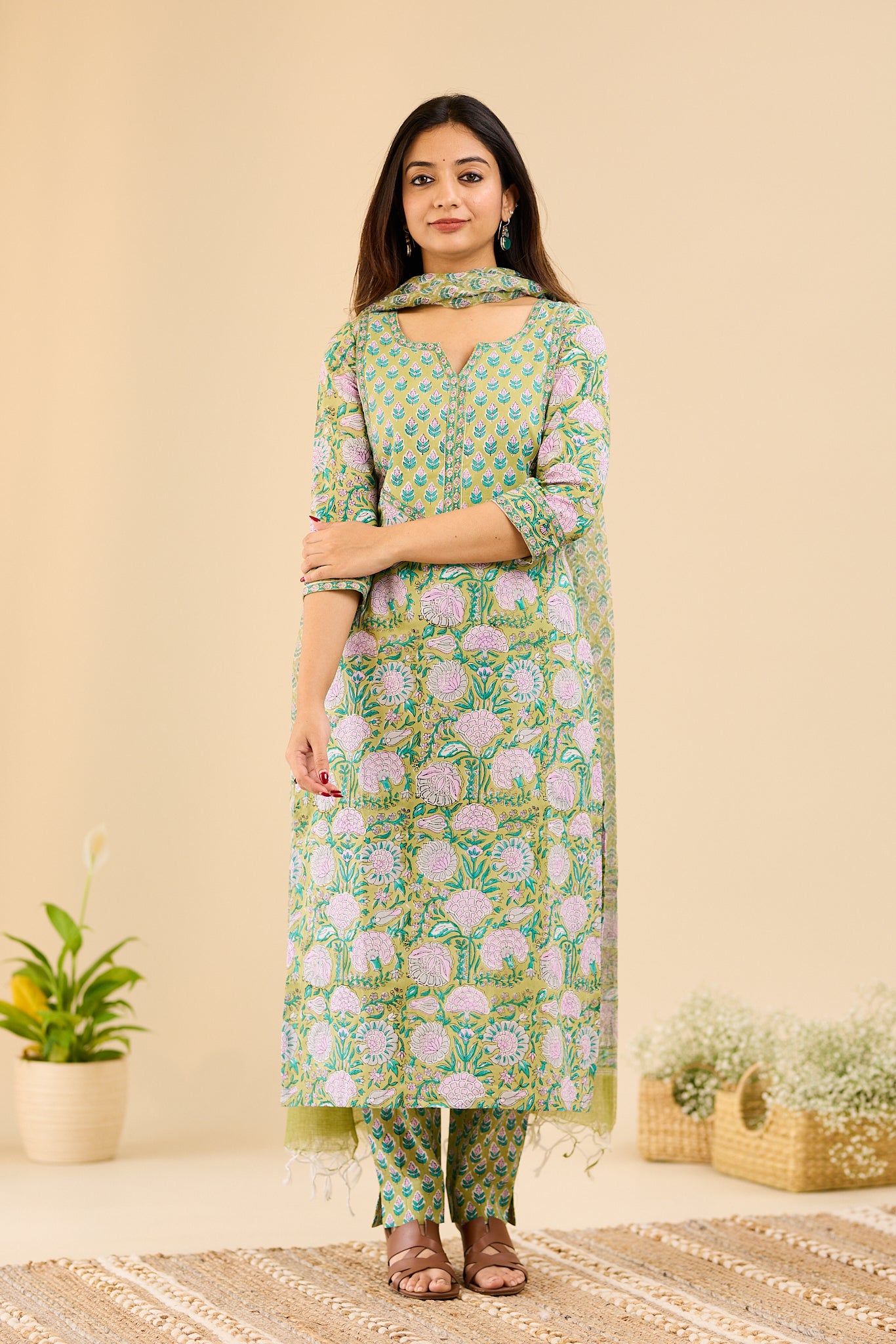 Pistachio Green & Lilac Floral Block printed Cotton Suit Set with Kota Dupatta