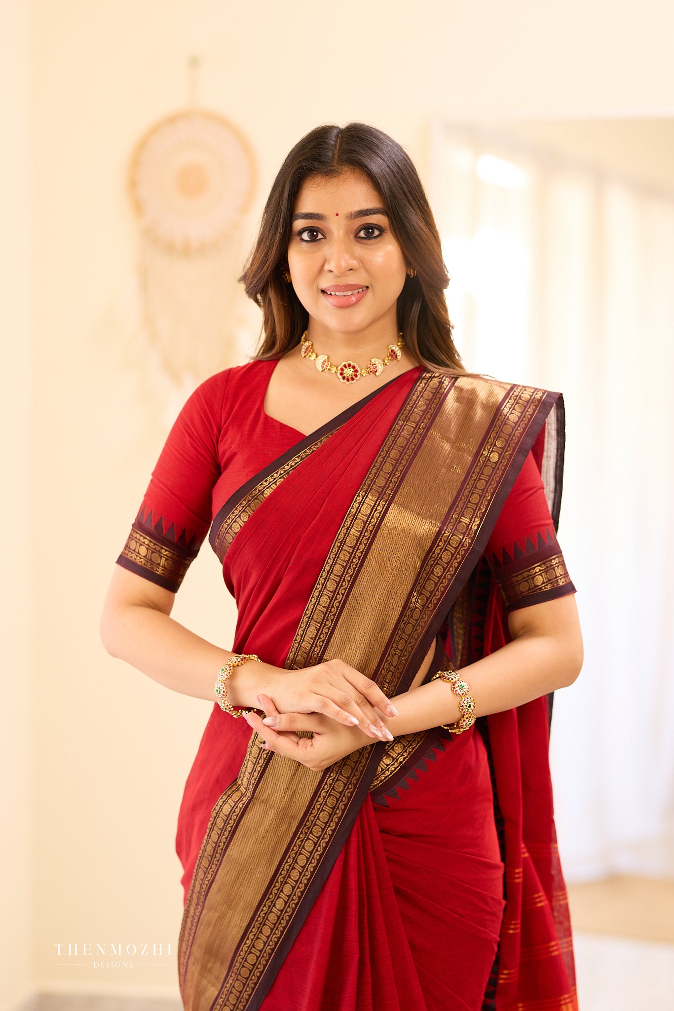 Red and Black Border Chettinad Cotton Blouse