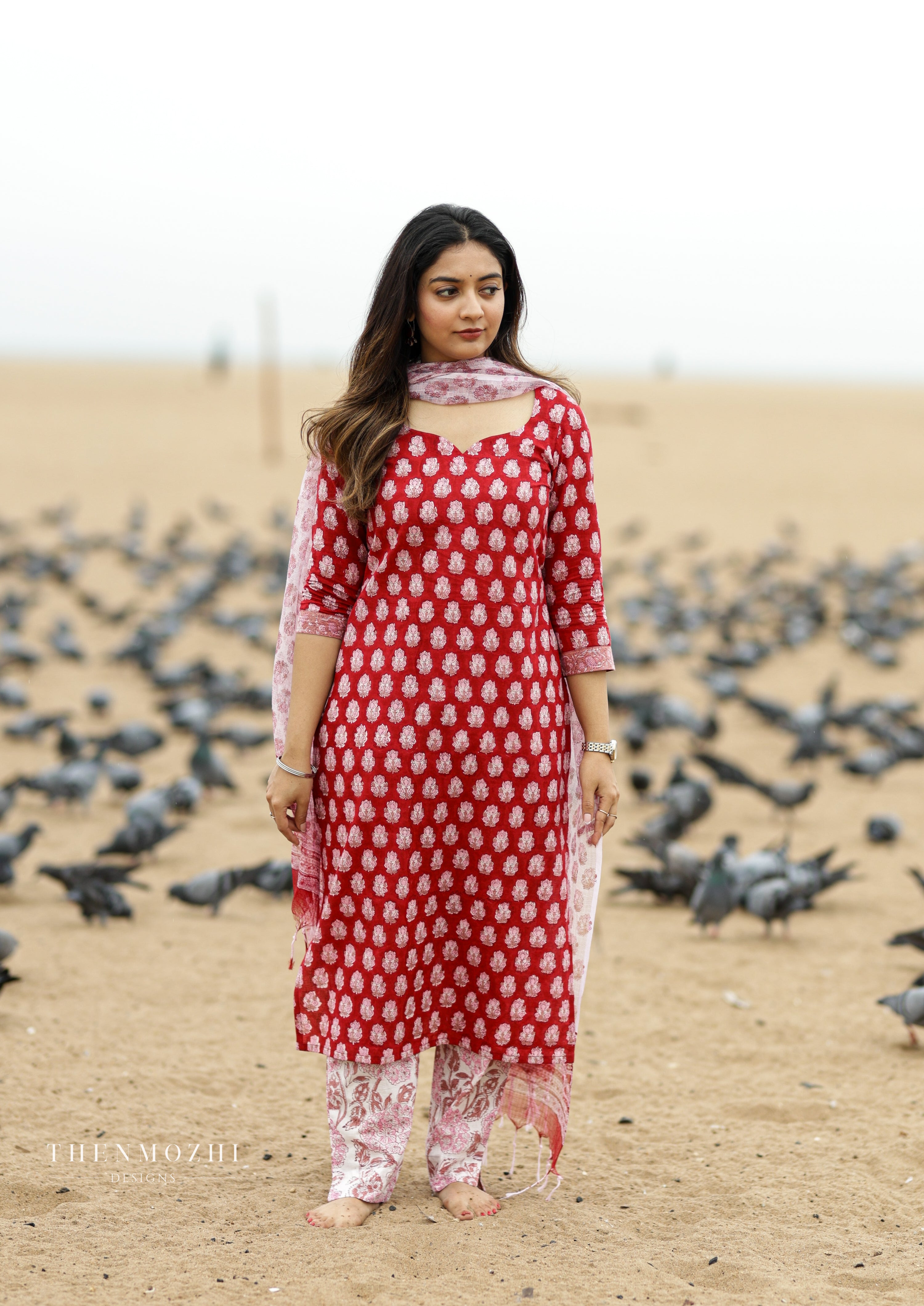 Red and white block printed suit set