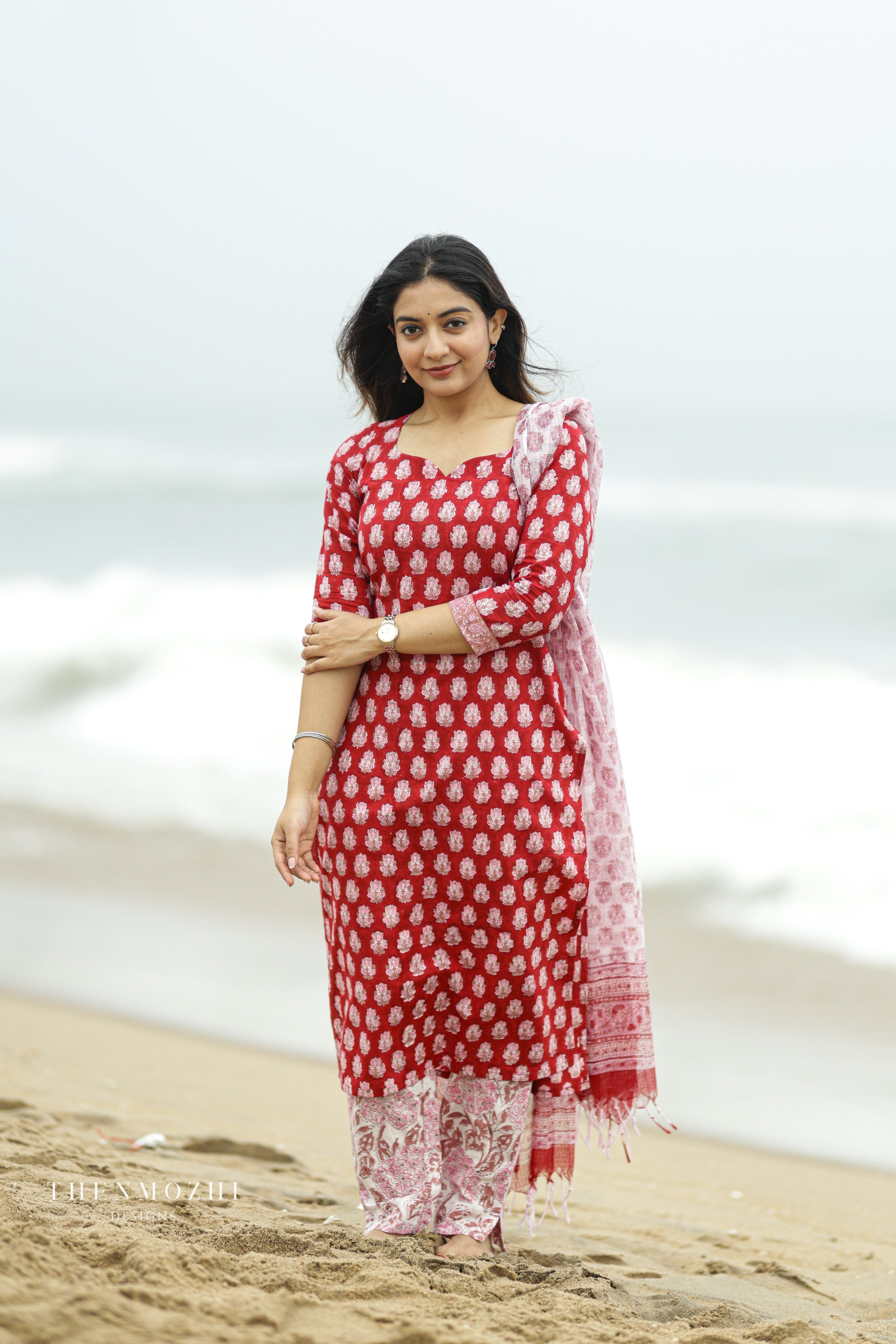 Red and white block printed suit set