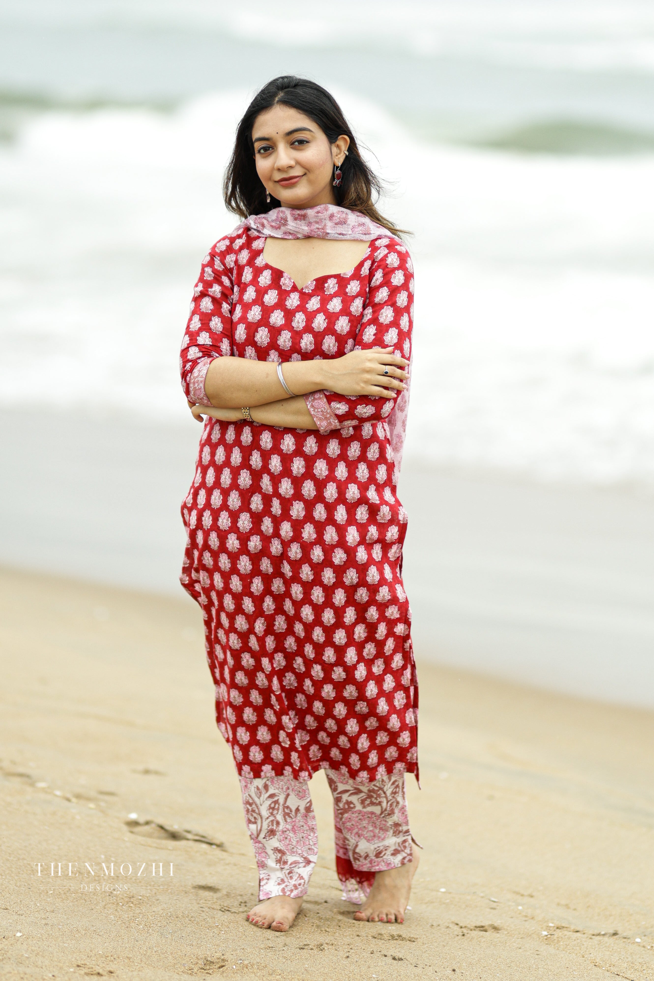 Red and white block printed suit set