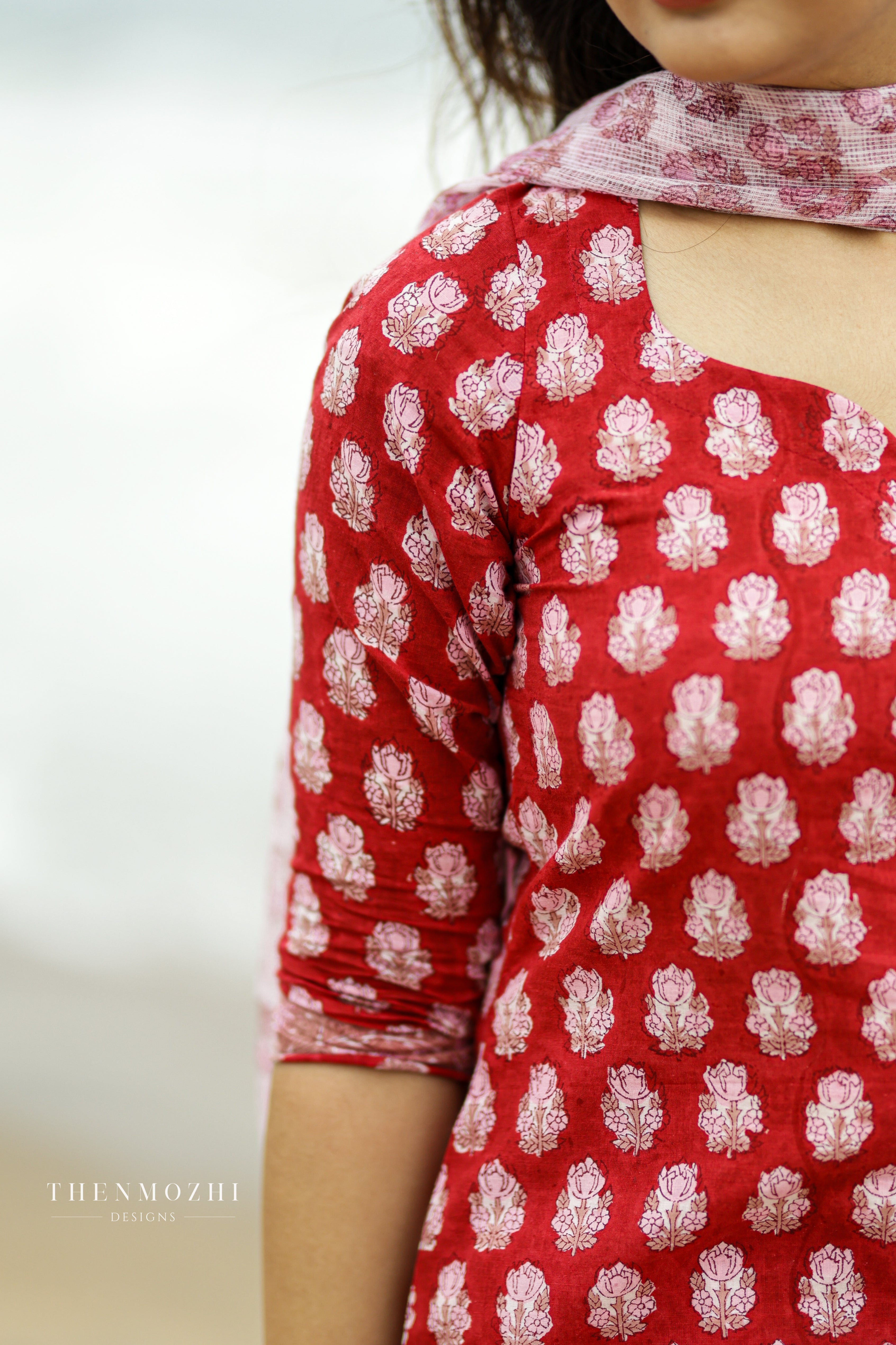 Red and white block printed suit set