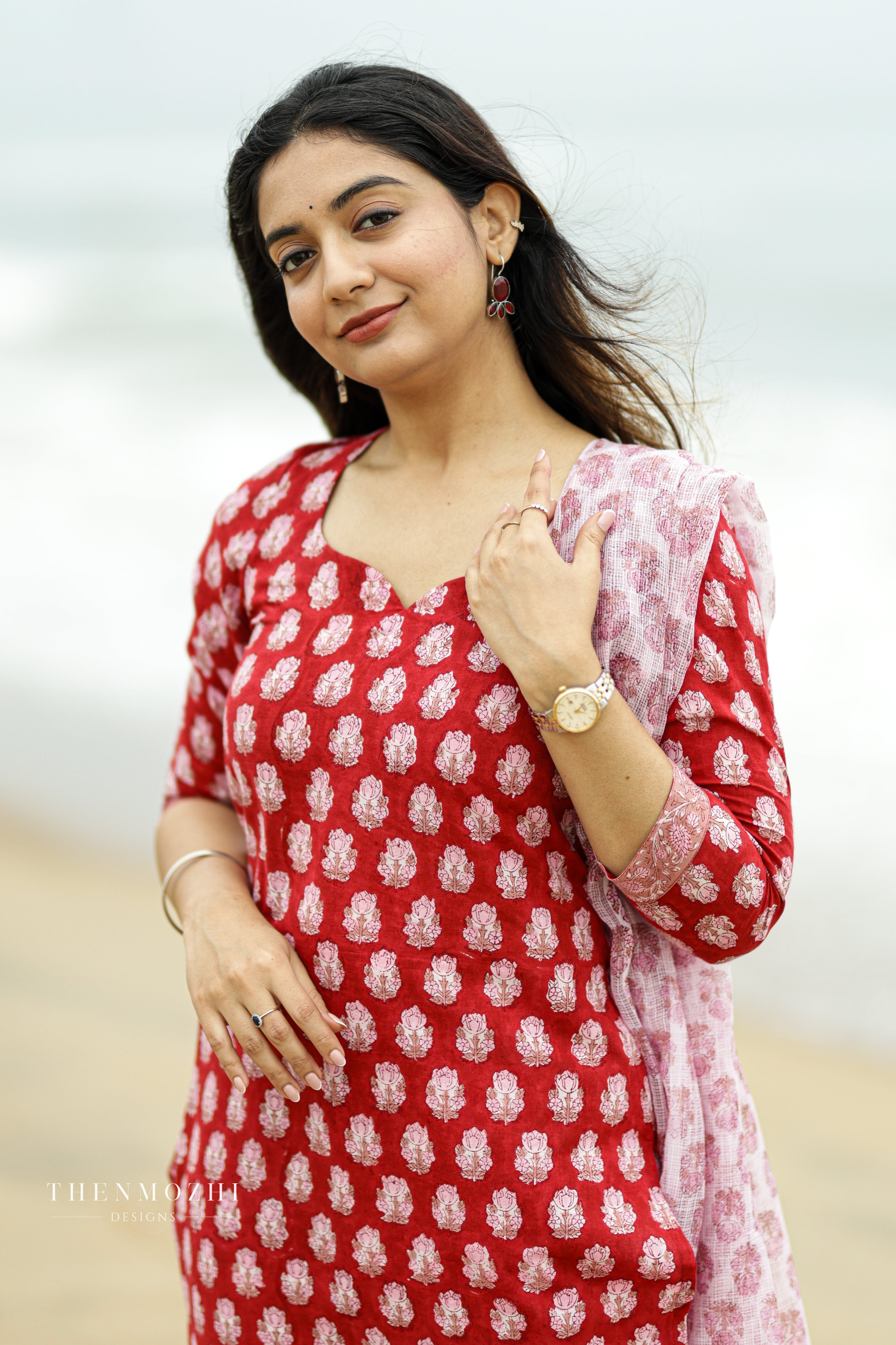 Red and white block printed suit set