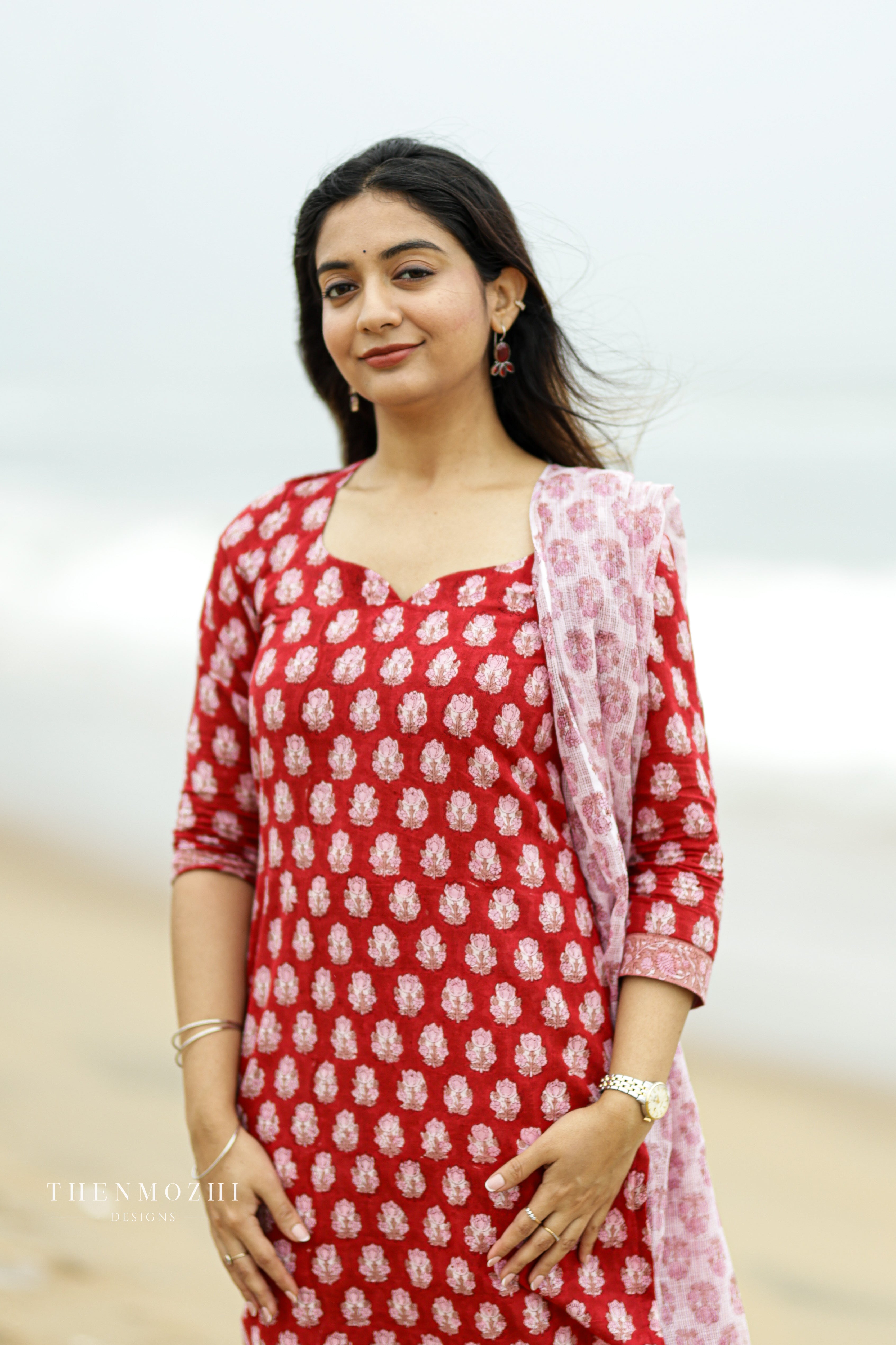 Red and white block printed suit set