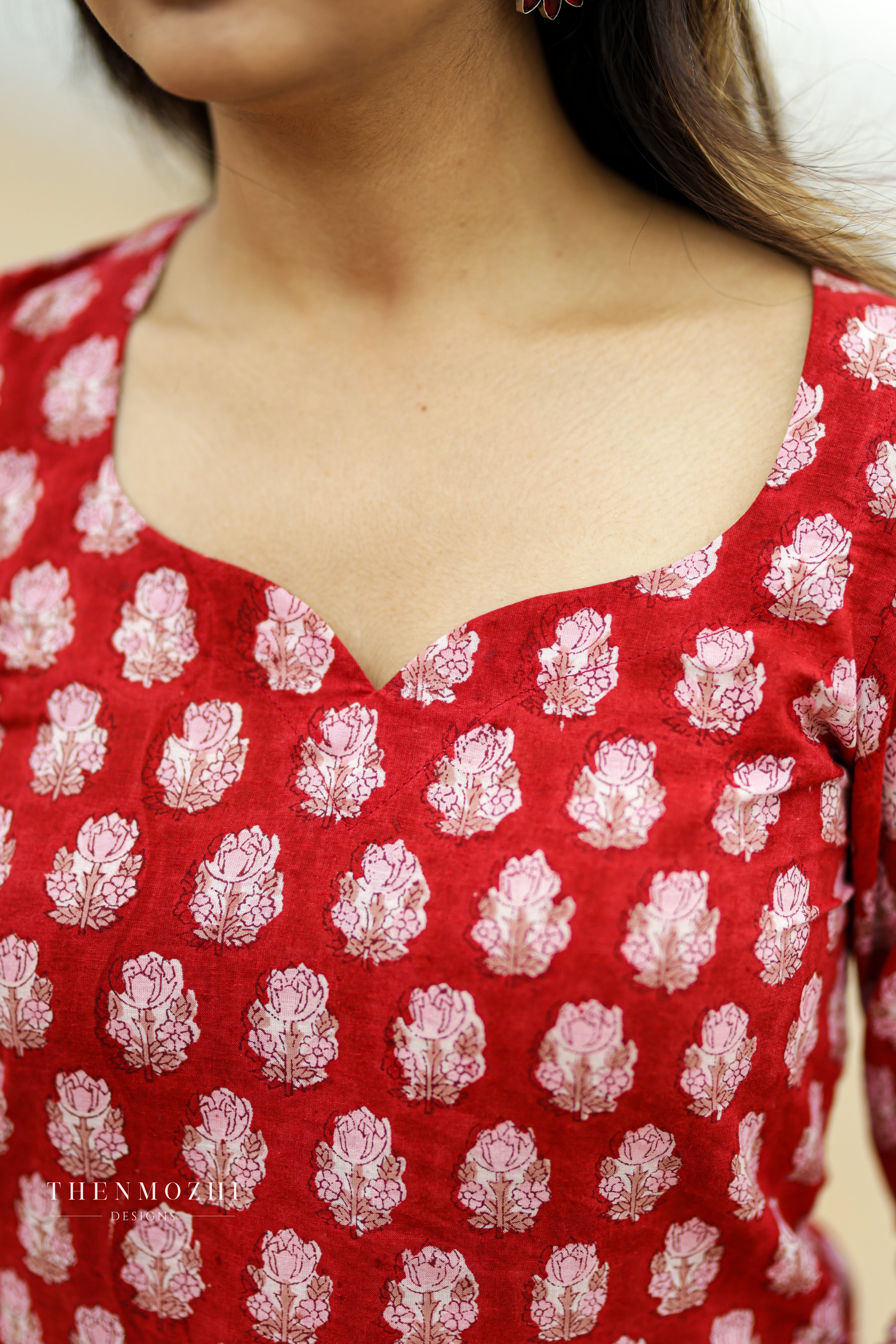 Red and white block printed suit set