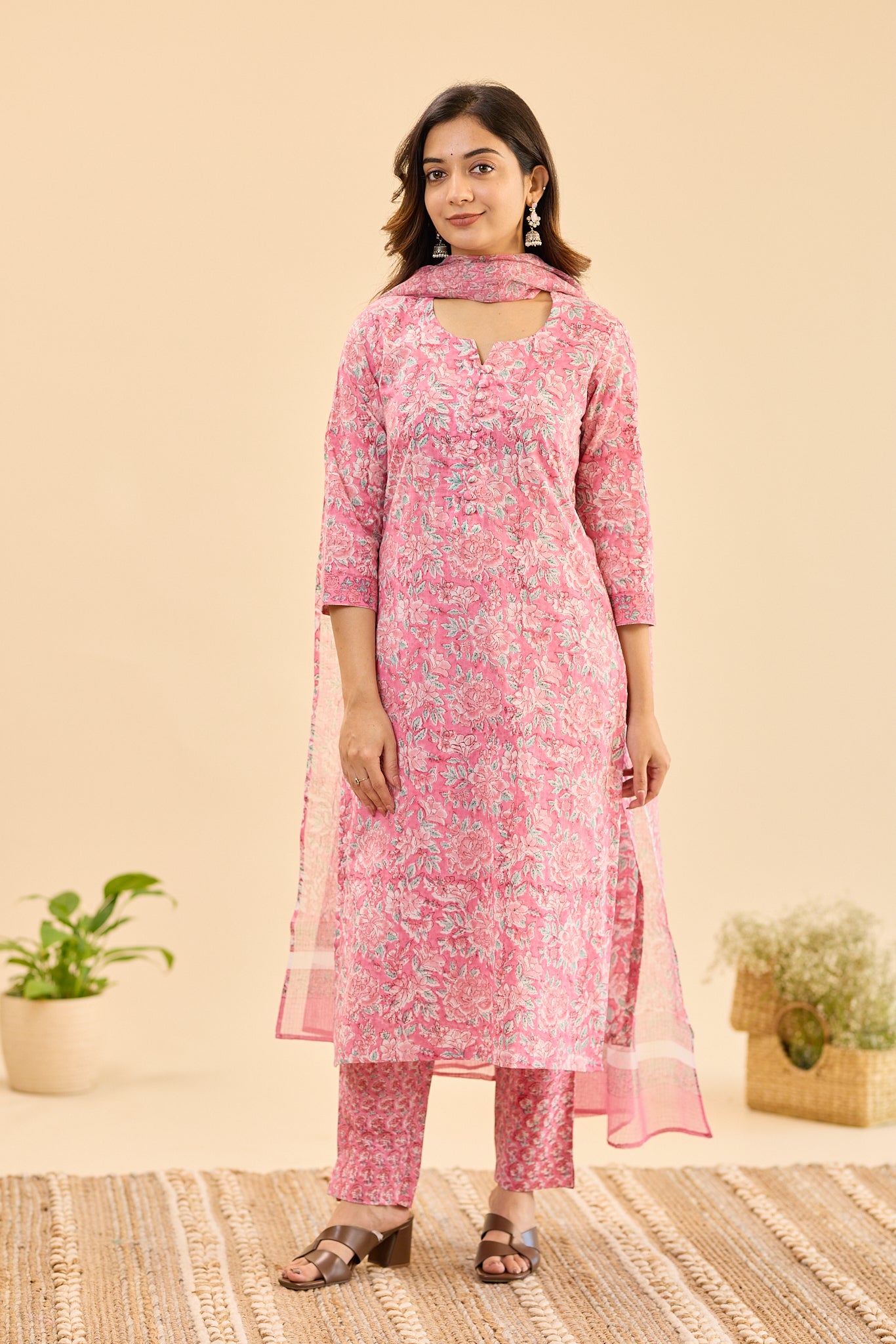 Rose Meadow with White Floral Print Cotton Salwar Suit with Kota Dupatta