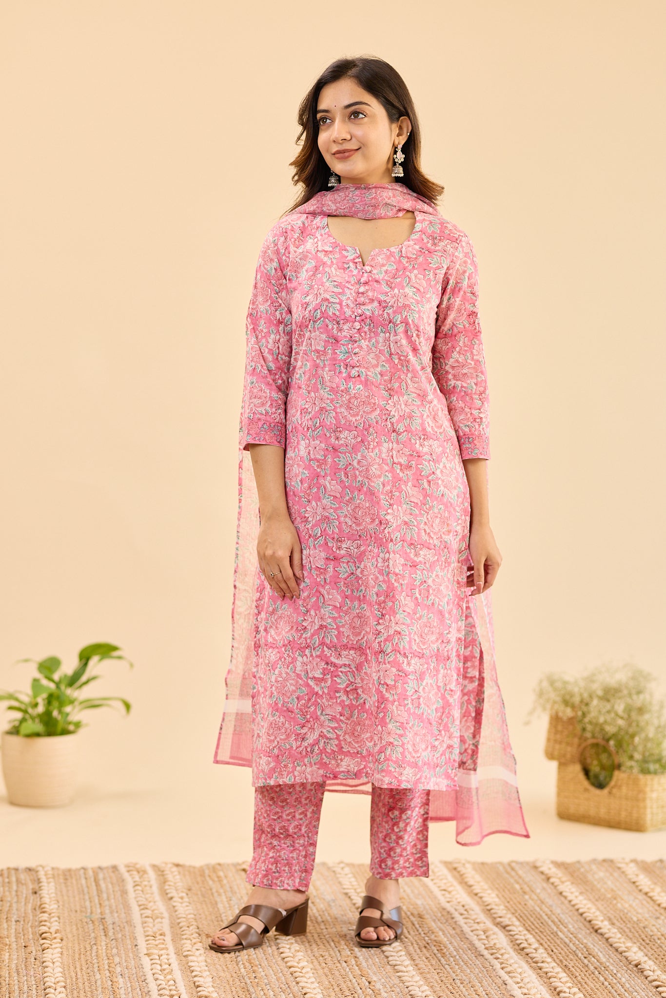 Rose Meadow with White Floral Print Cotton Salwar Suit with Kota Dupatta