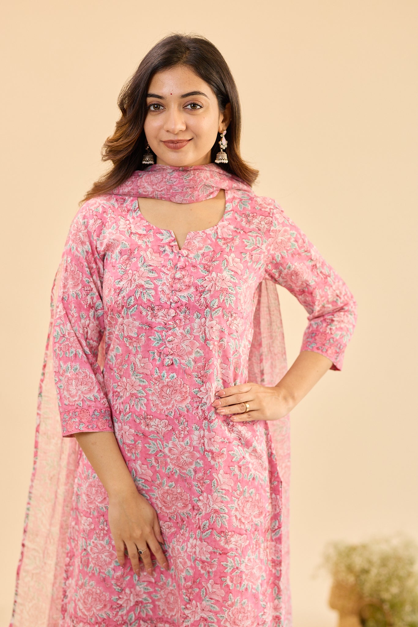 Rose Meadow with White Floral Print Cotton Salwar Suit with Kota Dupatta