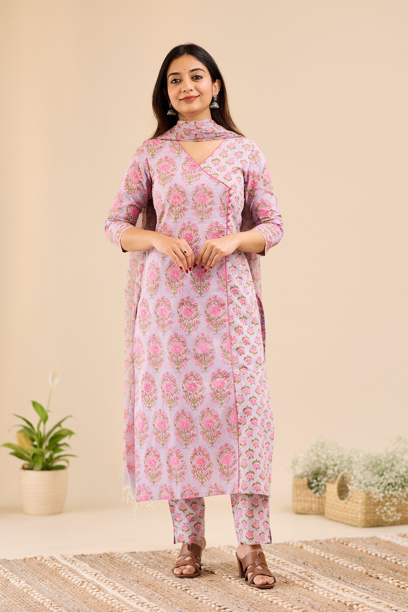 Rose Mist Floral Printed  Cotton Suit - Set with Kota Dupatta