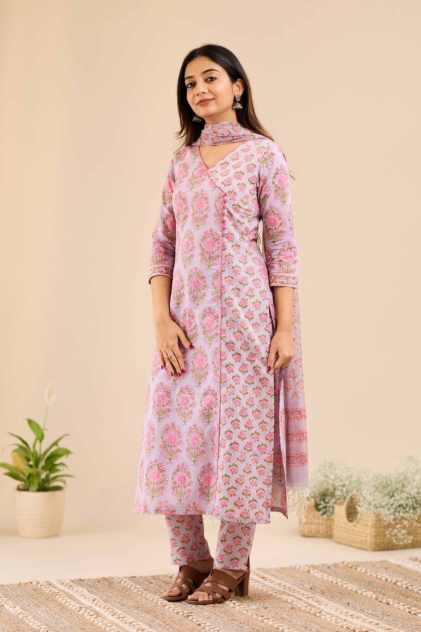 Rose Mist Floral Printed  Cotton Suit - Set with Kota Dupatta