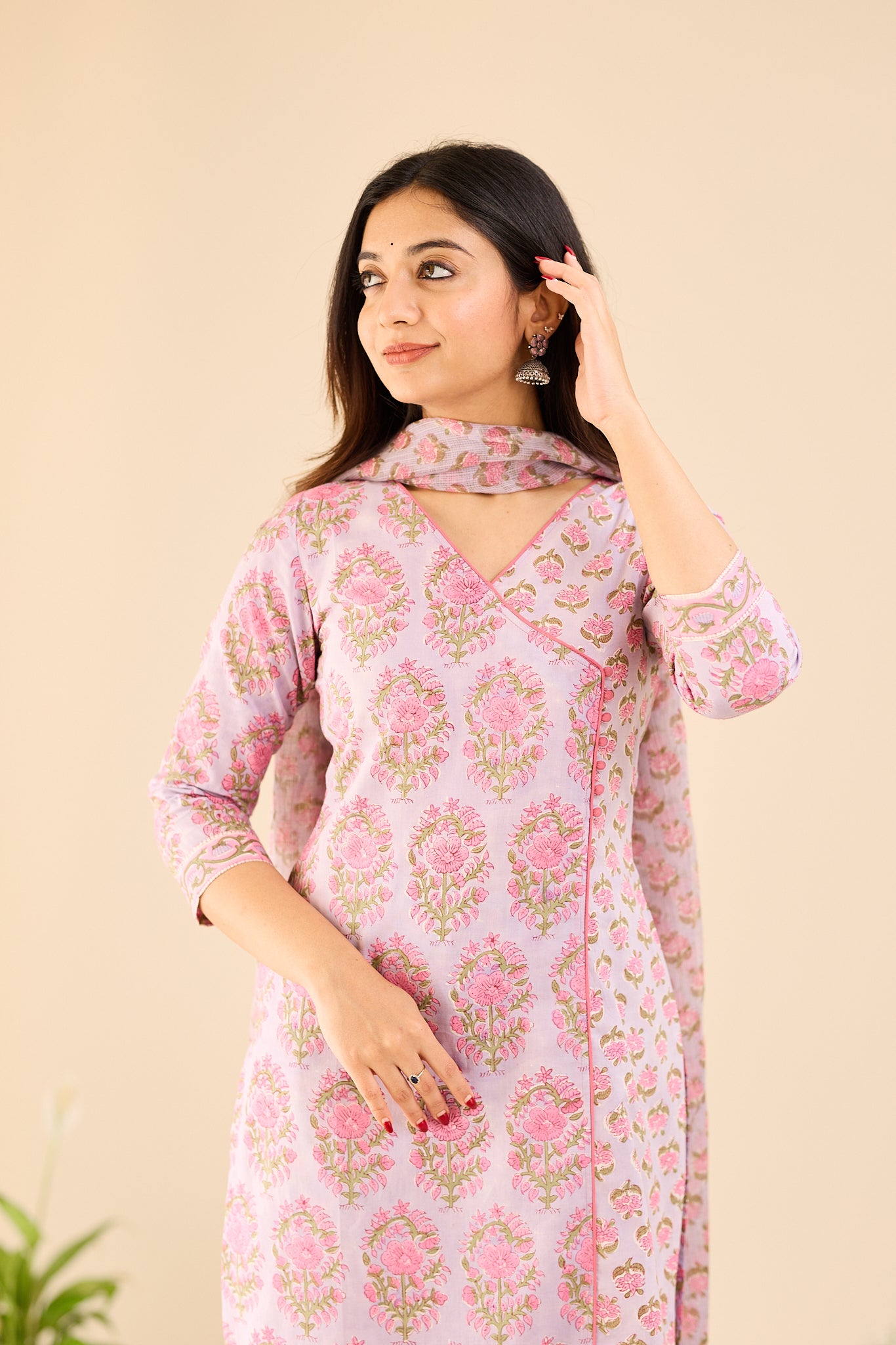 Rose Mist Floral Printed  Cotton Suit - Set with Kota Dupatta