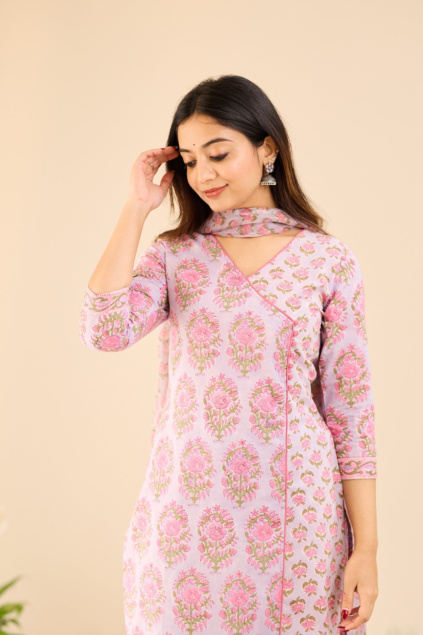 Rose Mist Floral Printed  Cotton Suit - Set with Kota Dupatta