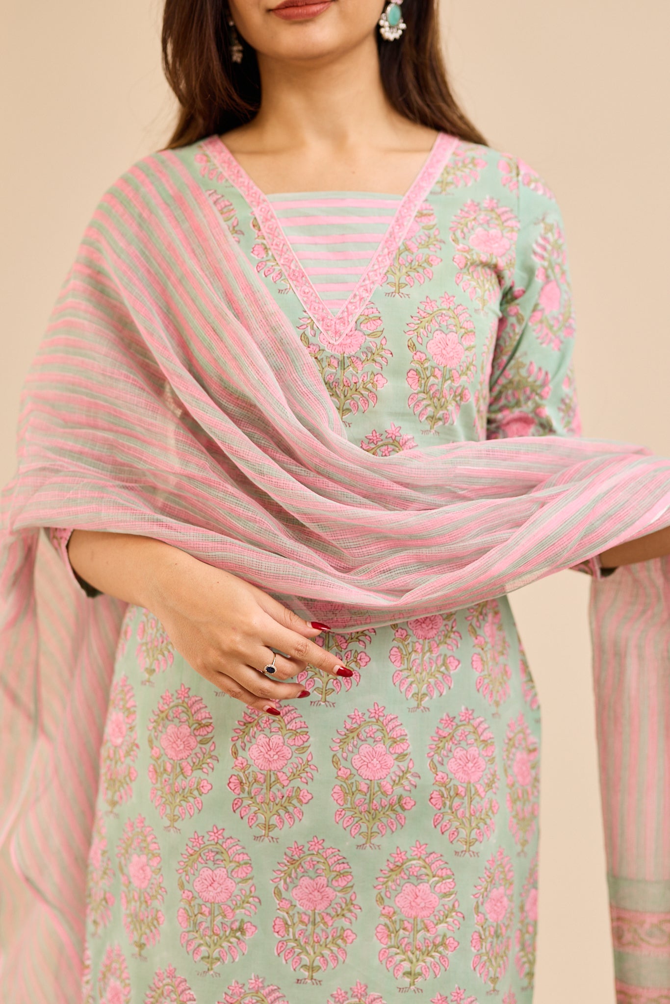 Rosette Mint Floral Printed Cotton Suit-Set with Kota Dupatta