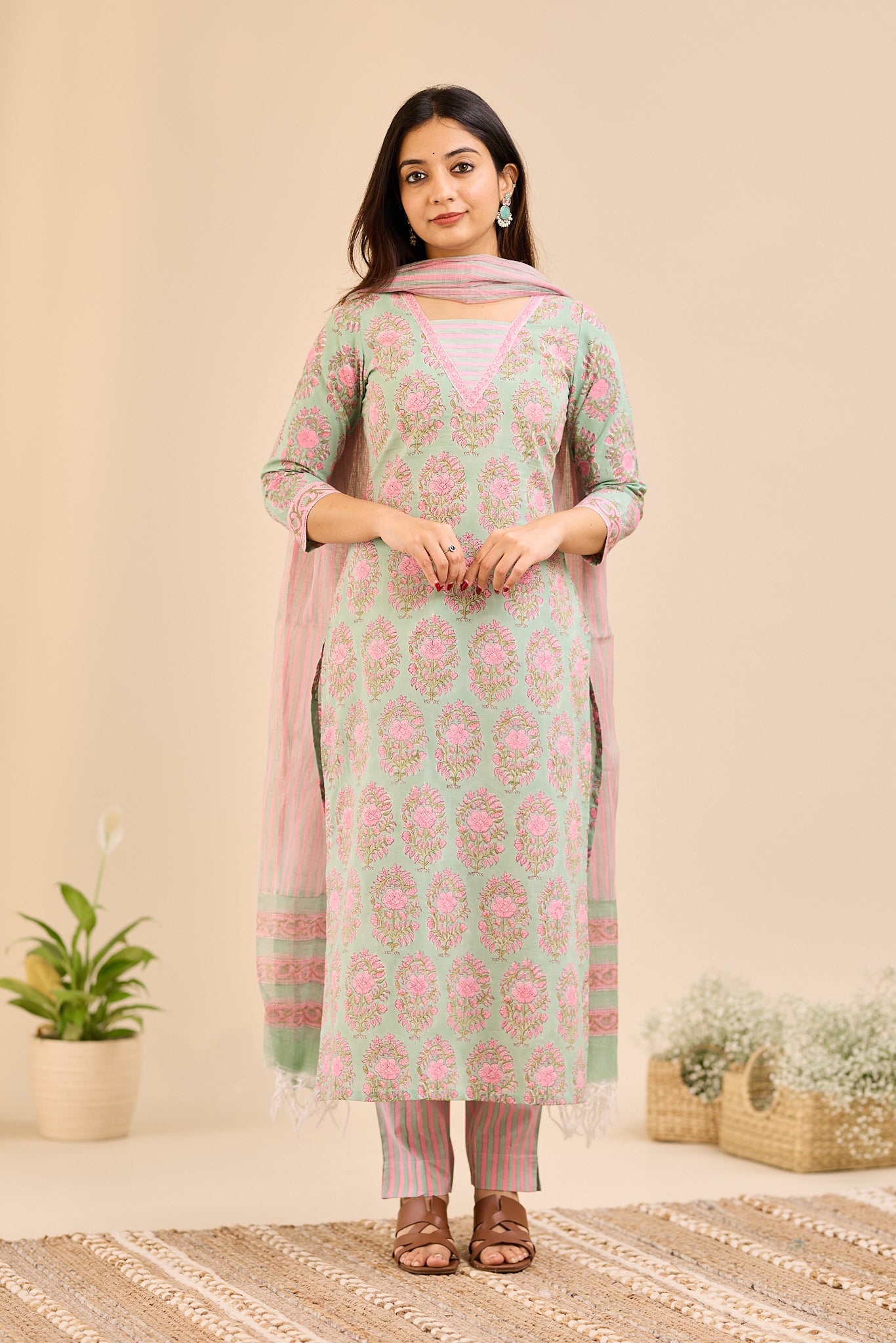 Rosette Mint Floral Printed Cotton Suit-Set with Kota Dupatta