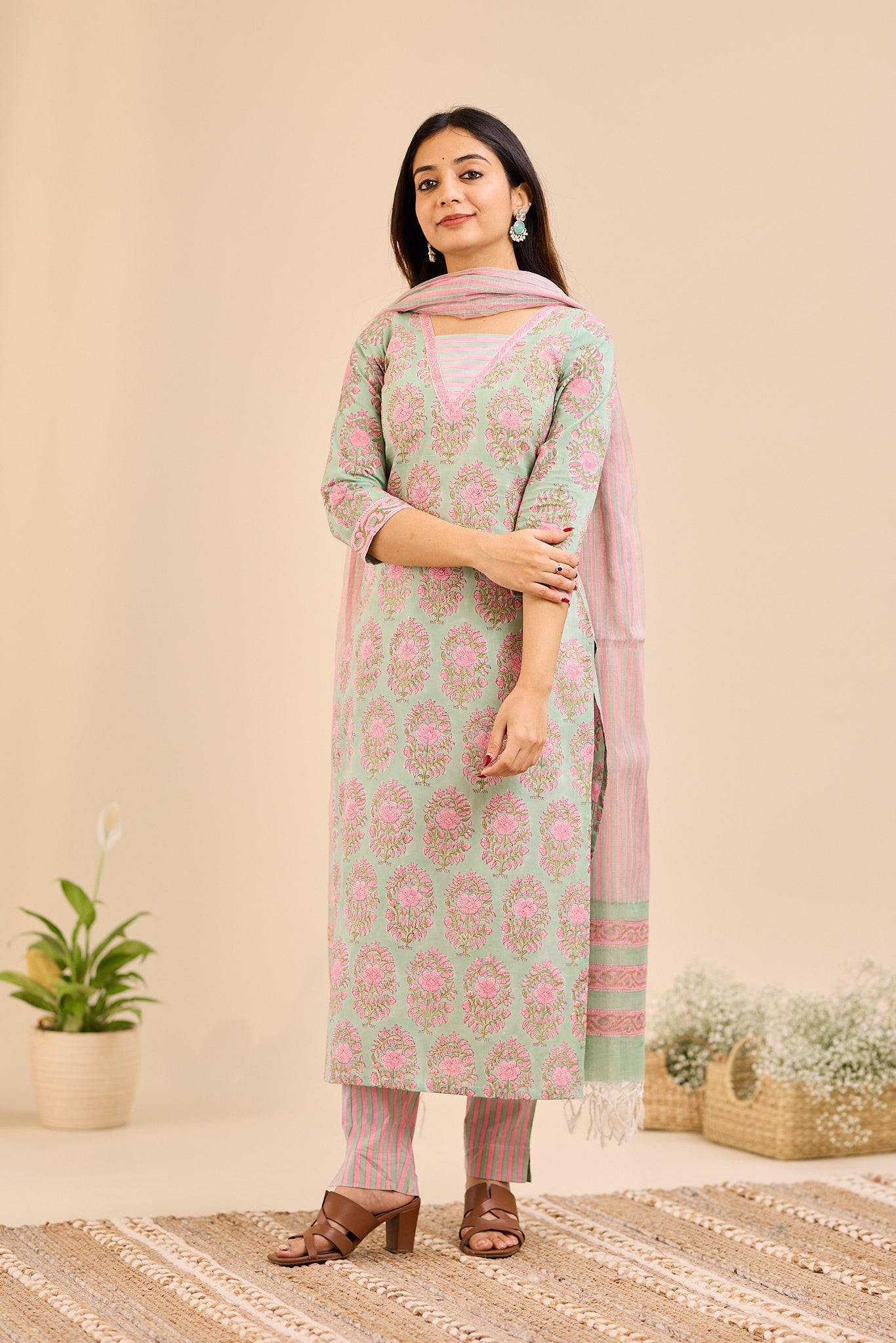 Rosette Mint Floral Printed Cotton Suit-Set with Kota Dupatta