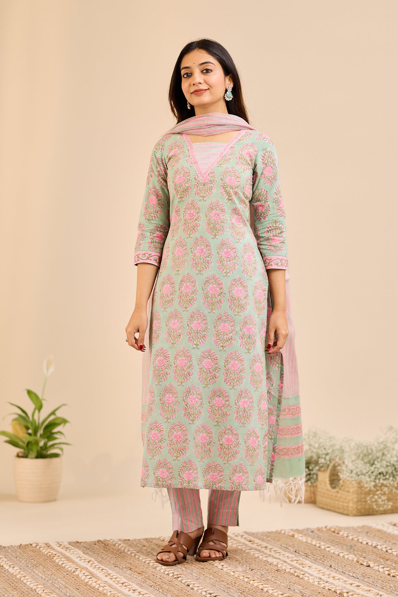 Rosette Mint Floral Printed Cotton Suit-Set with Kota Dupatta