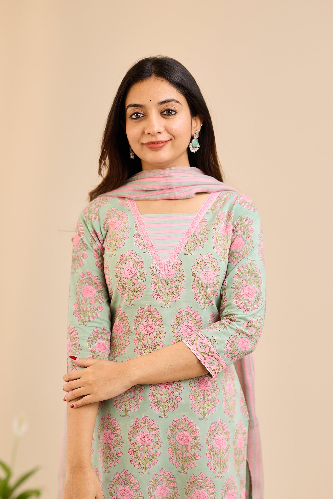 Rosette Mint Floral Printed Cotton Suit-Set with Kota Dupatta