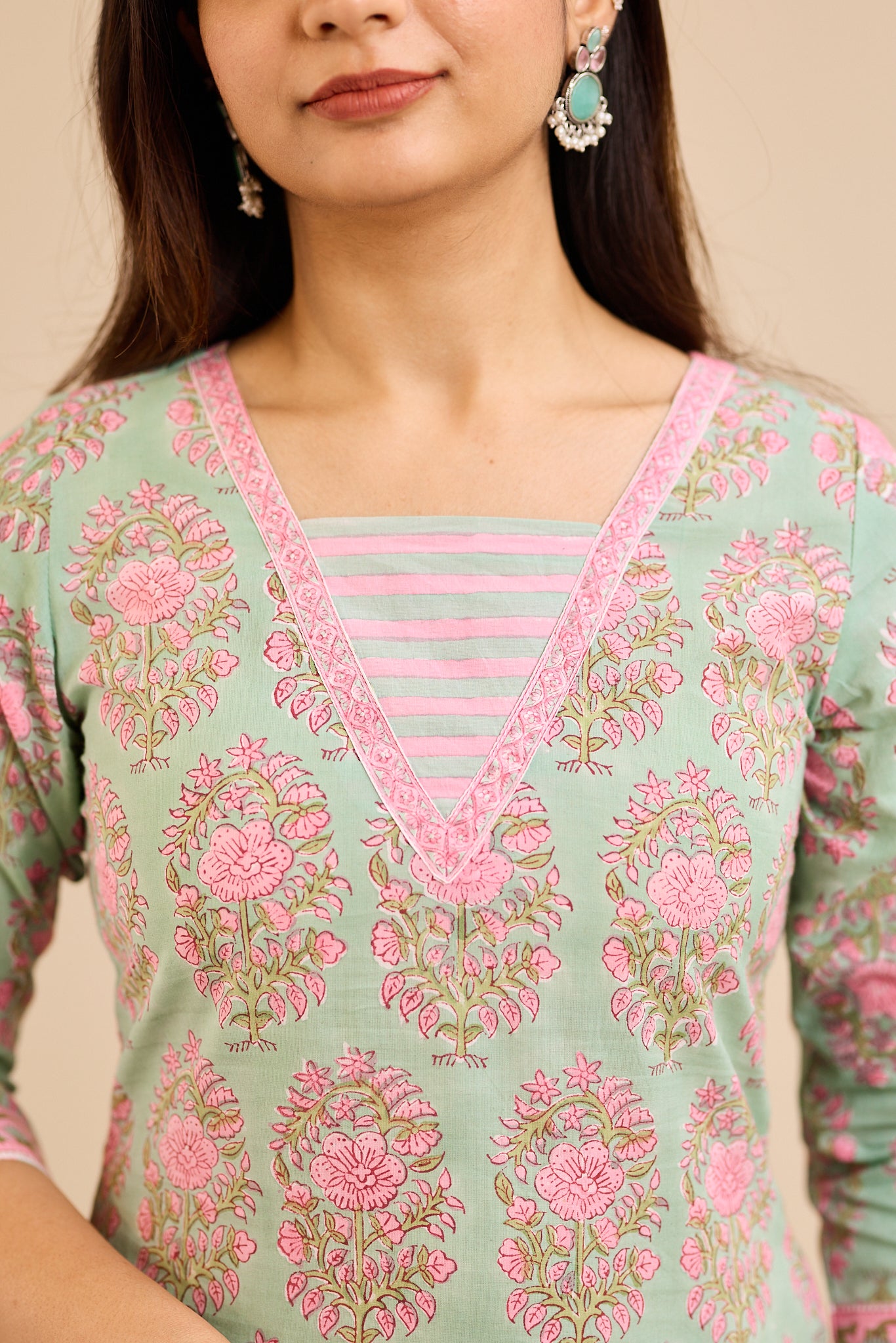 Rosette Mint Floral Printed Cotton Suit-Set with Kota Dupatta