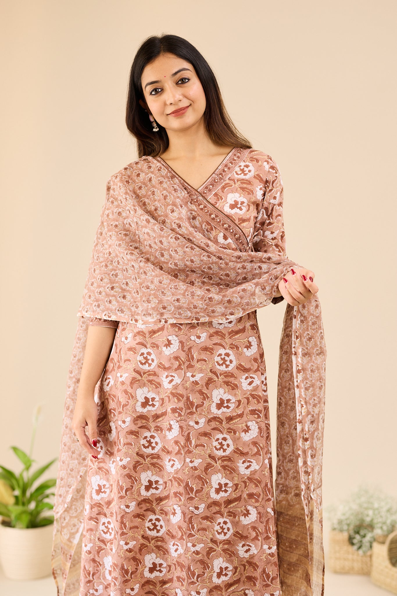 Rosewood Brown with Ivory Floral block Printed Salwar Suit-set with Kota Dupatta
