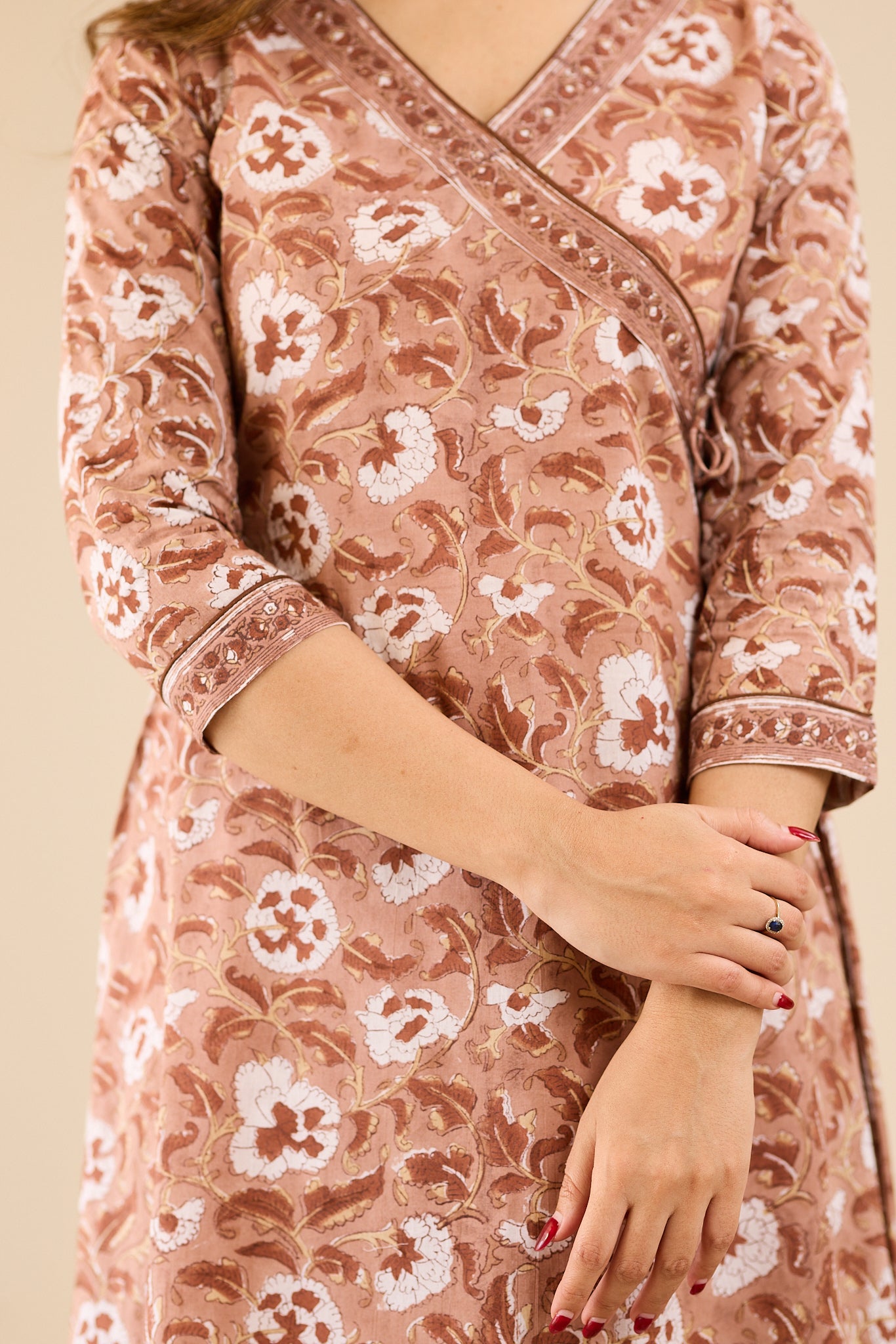 Rosewood Brown with Ivory Floral block Printed Salwar Suit-set with Kota Dupatta