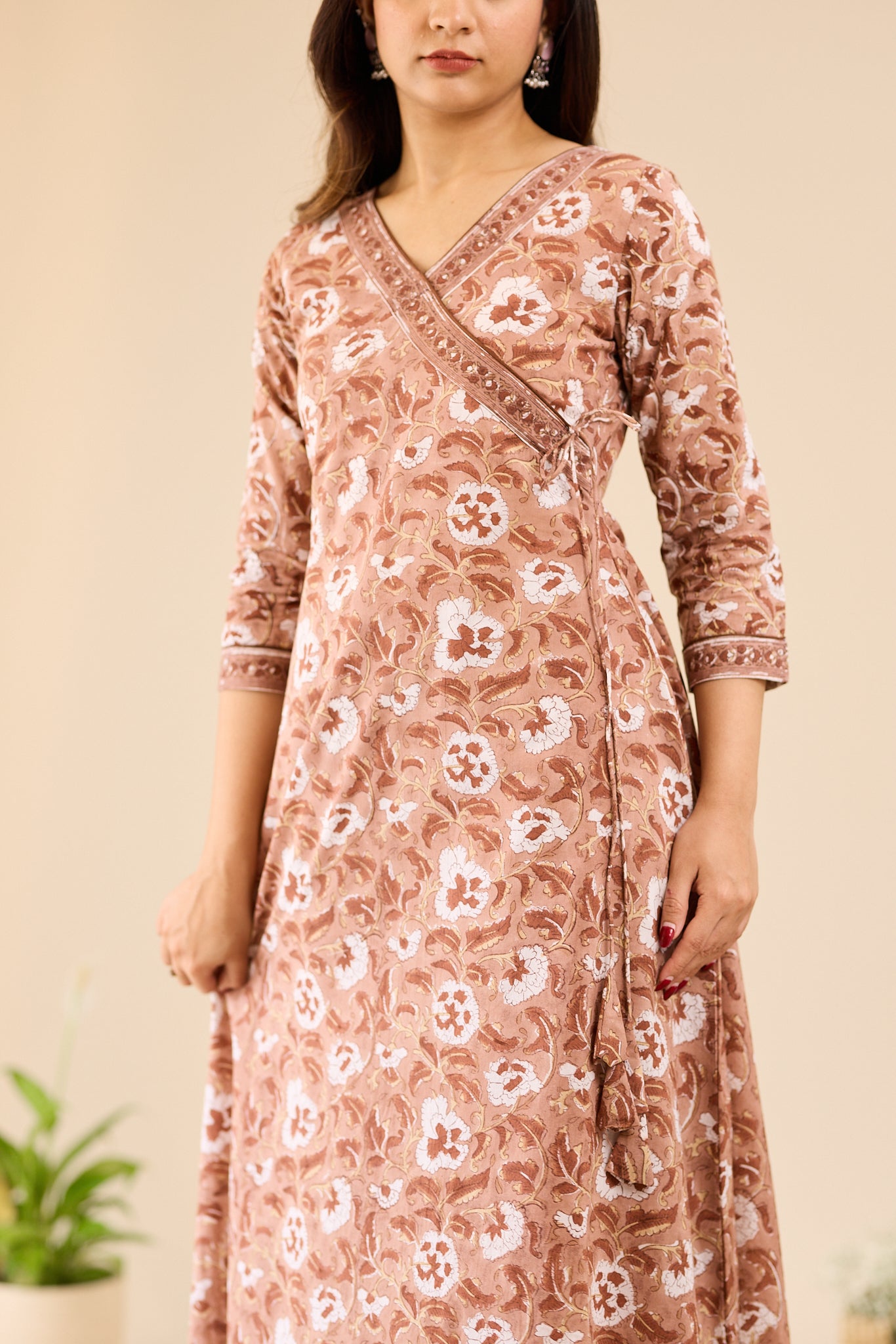 Rosewood Brown with Ivory Floral block Printed Salwar Suit-set with Kota Dupatta
