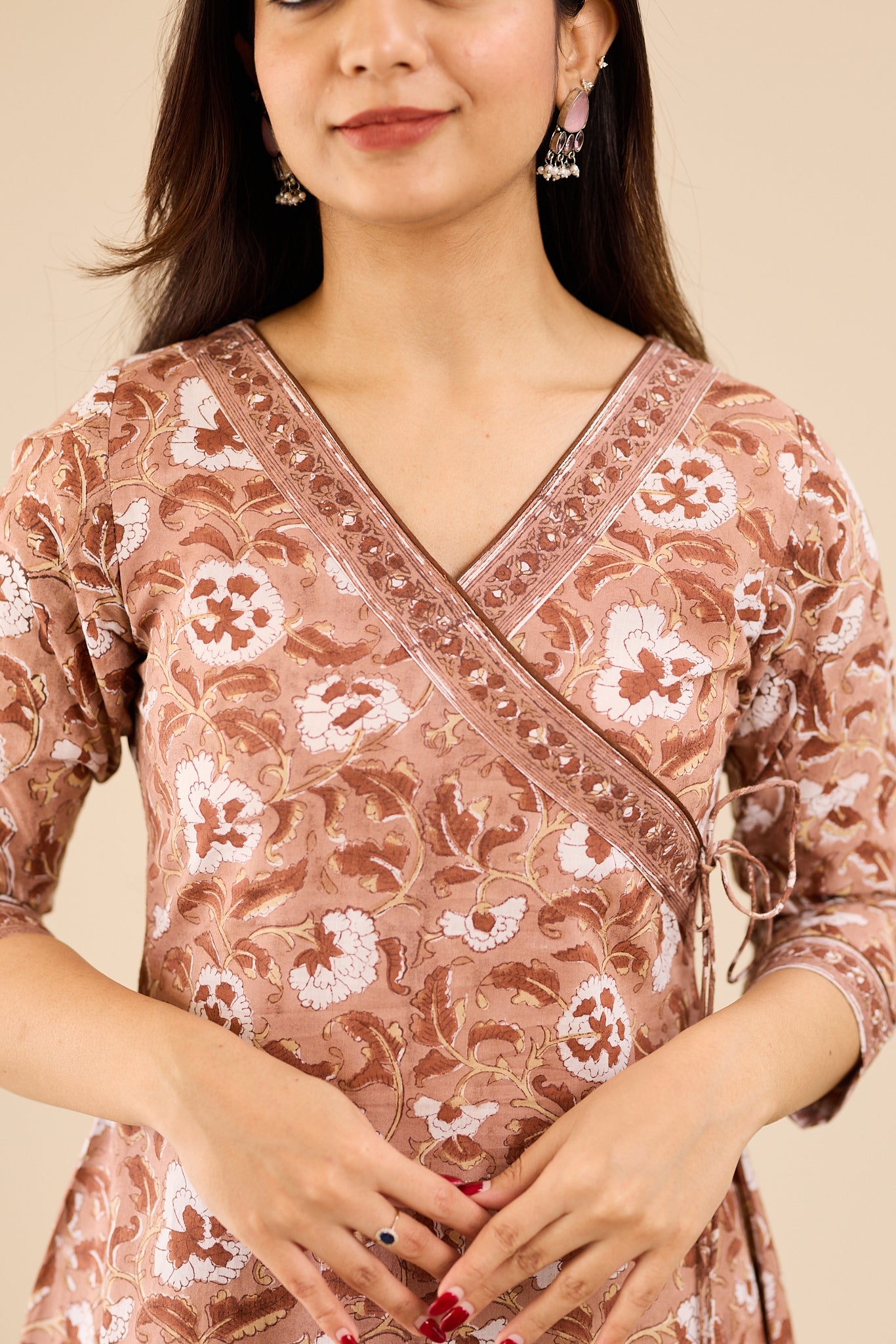 Rosewood Brown with Ivory Floral block Printed Salwar Suit-set with Kota Dupatta