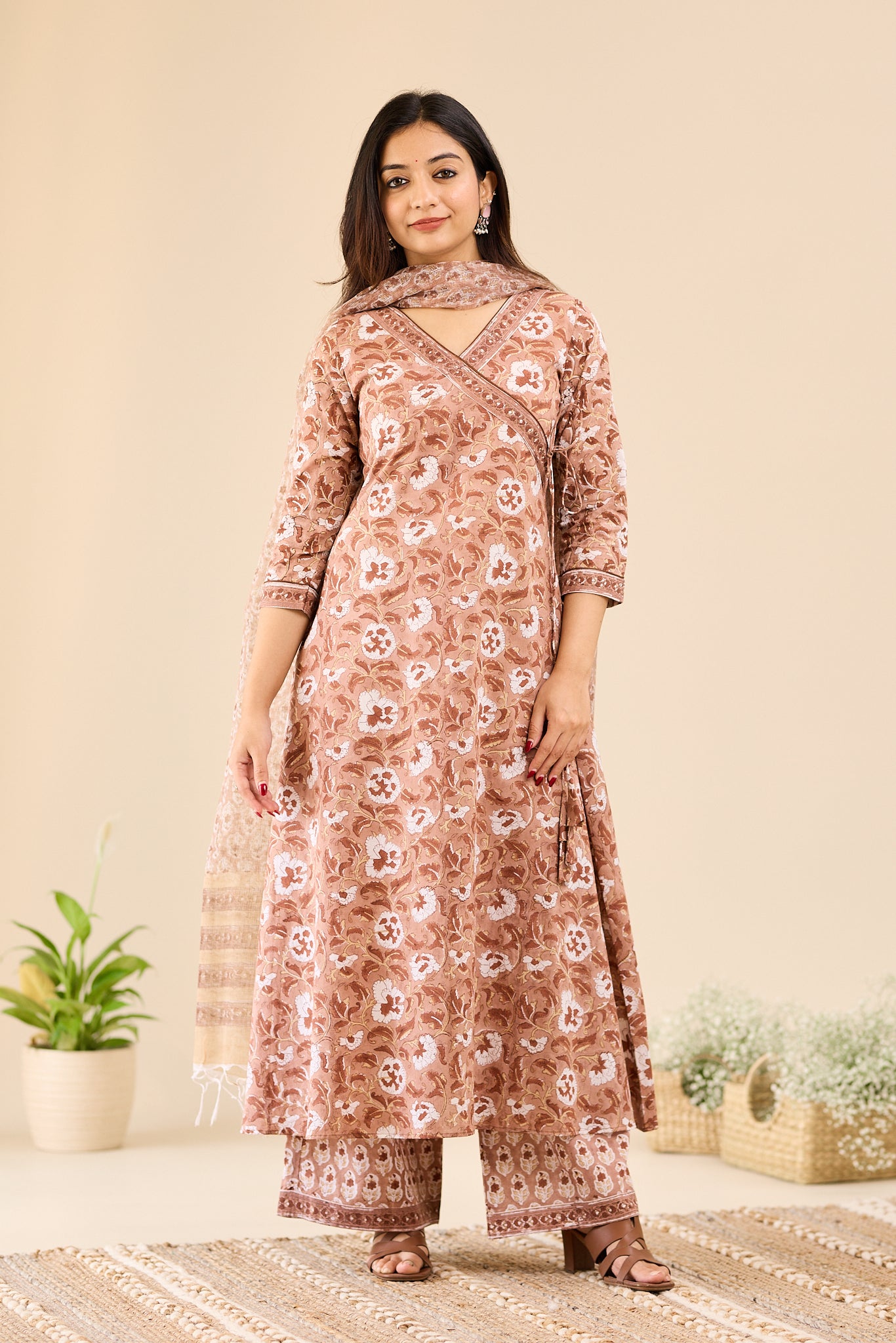 Rosewood Brown with Ivory Floral block Printed Salwar Suit-set with Kota Dupatta